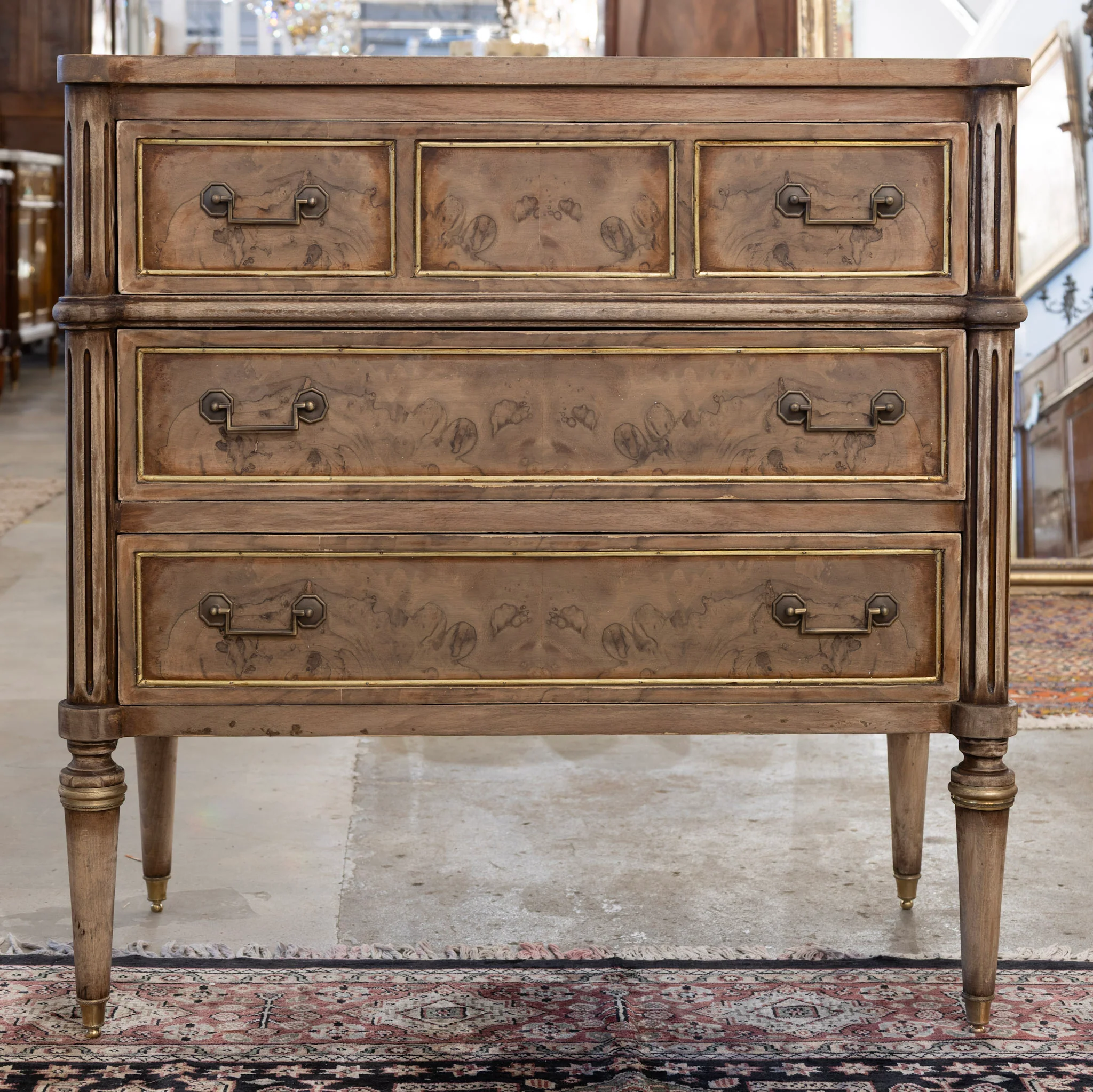 Louis XVI 3-Drawer Nightstand – Stripped Burl Wood with Gold Trim