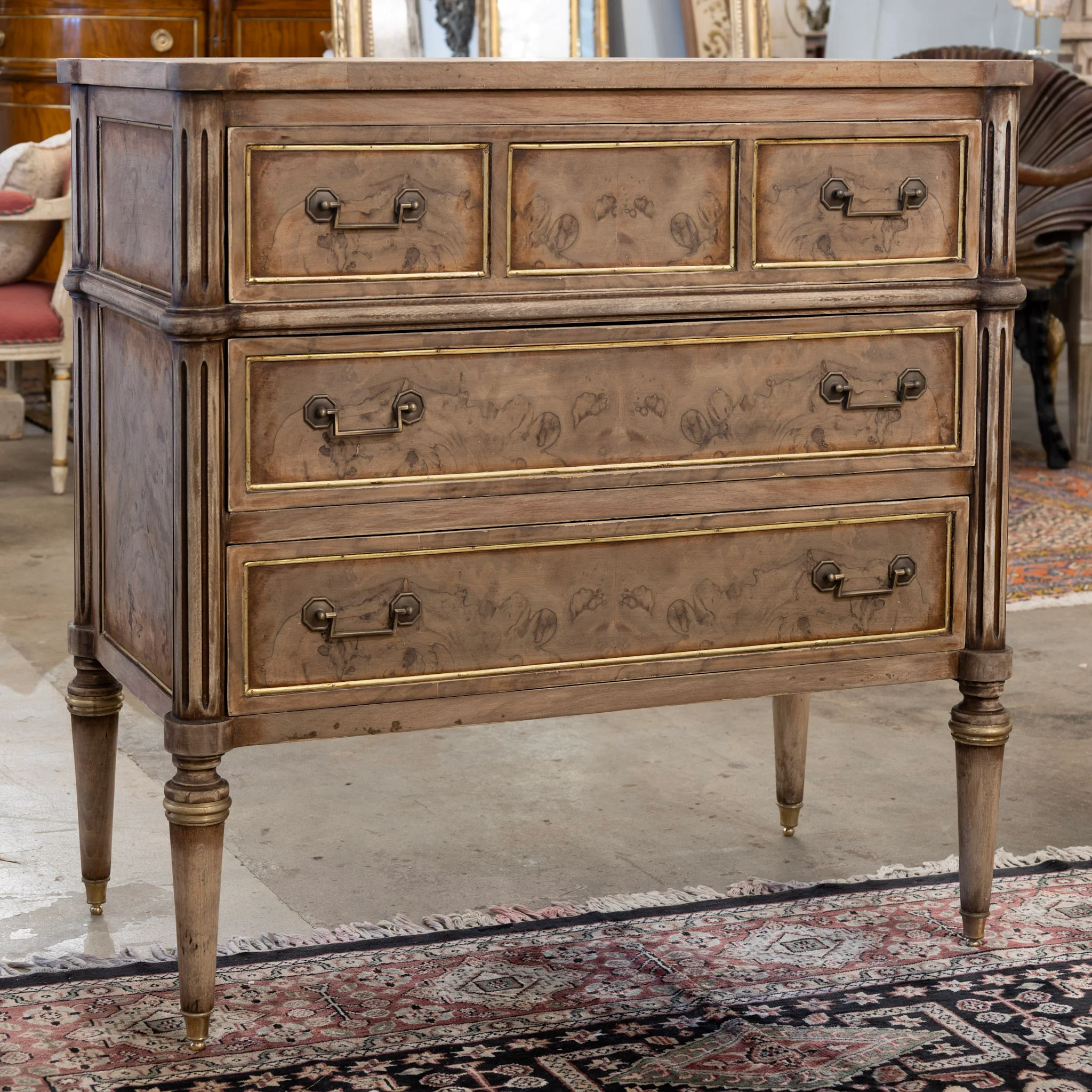 Louis XVI 3-Drawer Nightstand – Stripped Burl Wood with Gold Trim - Image 2