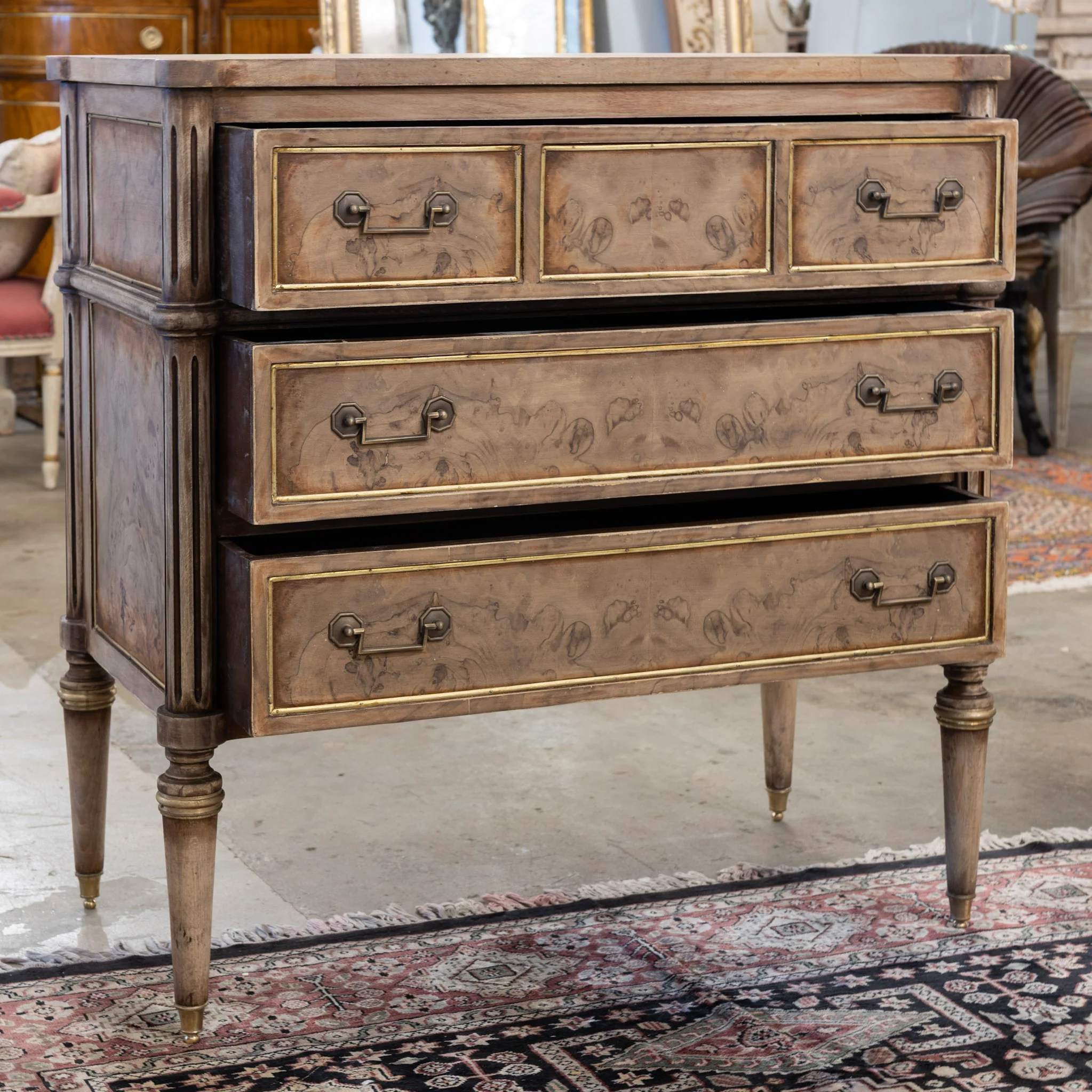 Louis XVI 3-Drawer Nightstand – Stripped Burl Wood with Gold Trim - Image 3