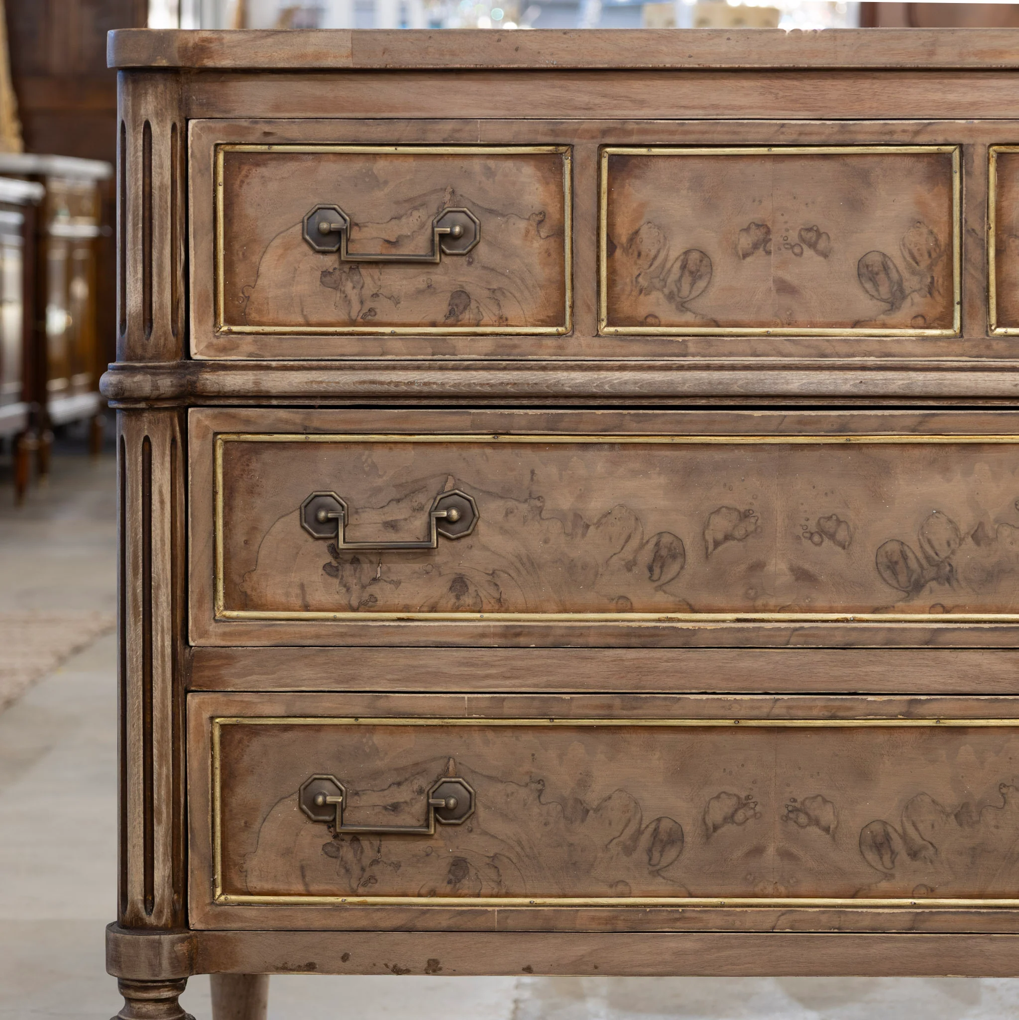 Louis XVI 3-Drawer Nightstand – Stripped Burl Wood with Gold Trim - Image 4