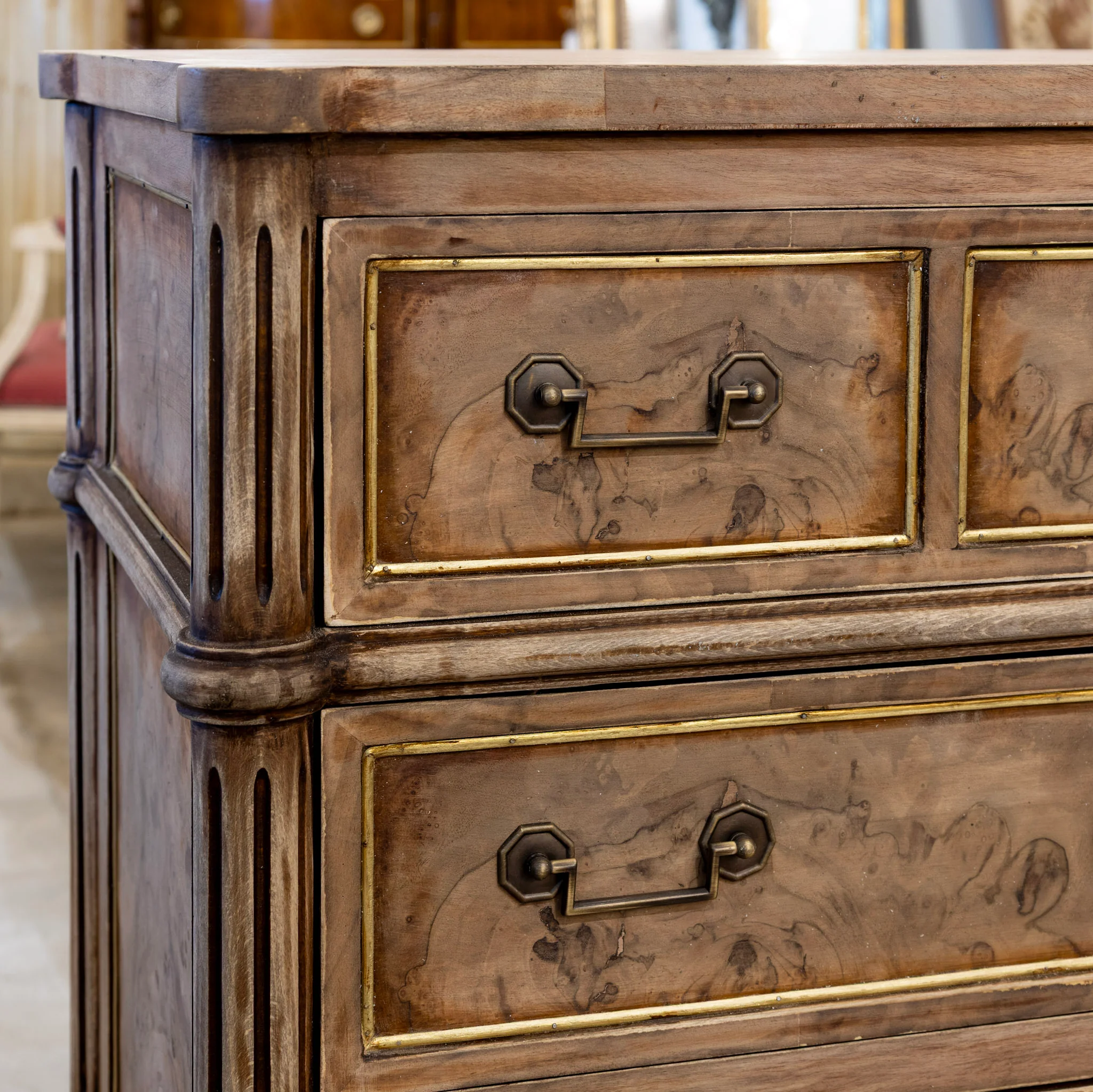 Louis XVI 3-Drawer Nightstand – Stripped Burl Wood with Gold Trim - Image 5