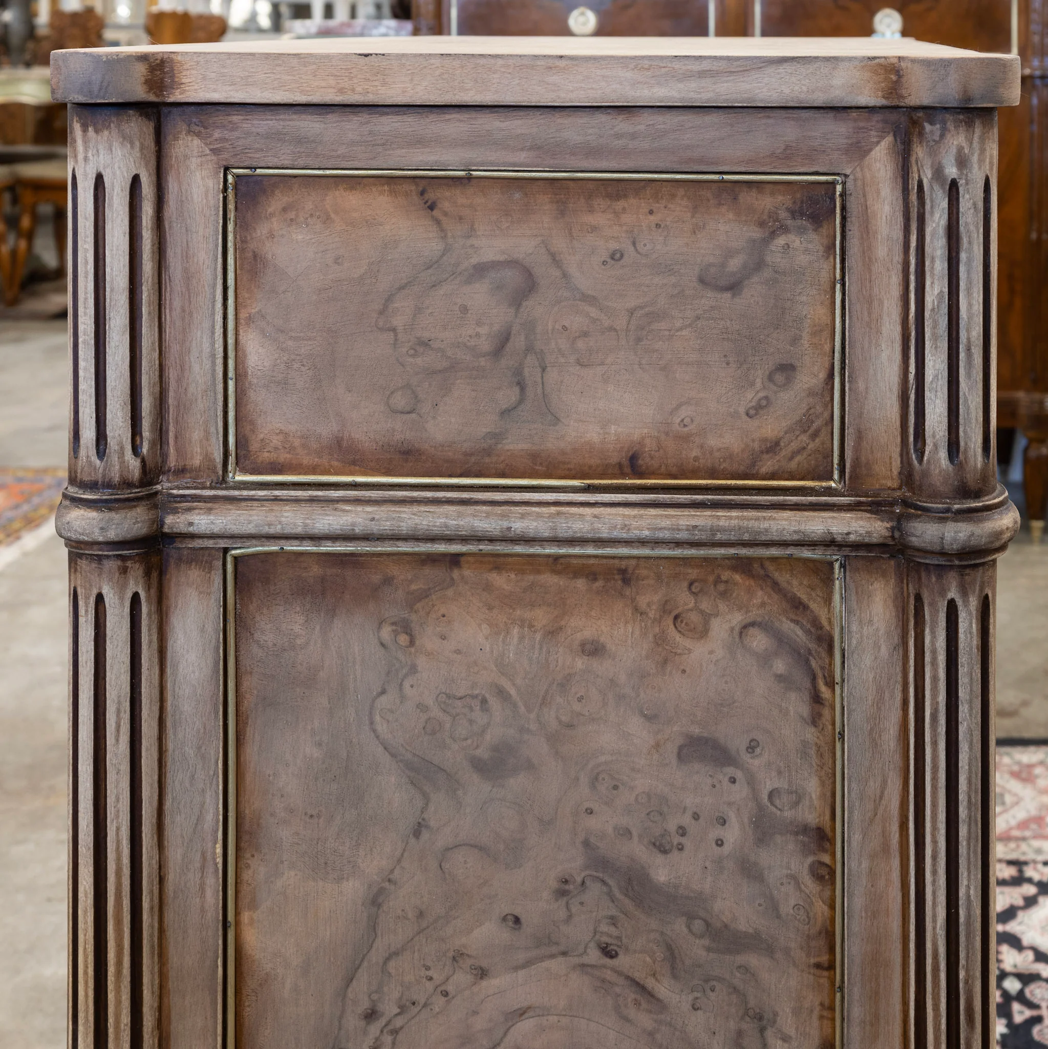 Louis XVI 3-Drawer Nightstand – Stripped Burl Wood with Gold Trim - Image 6