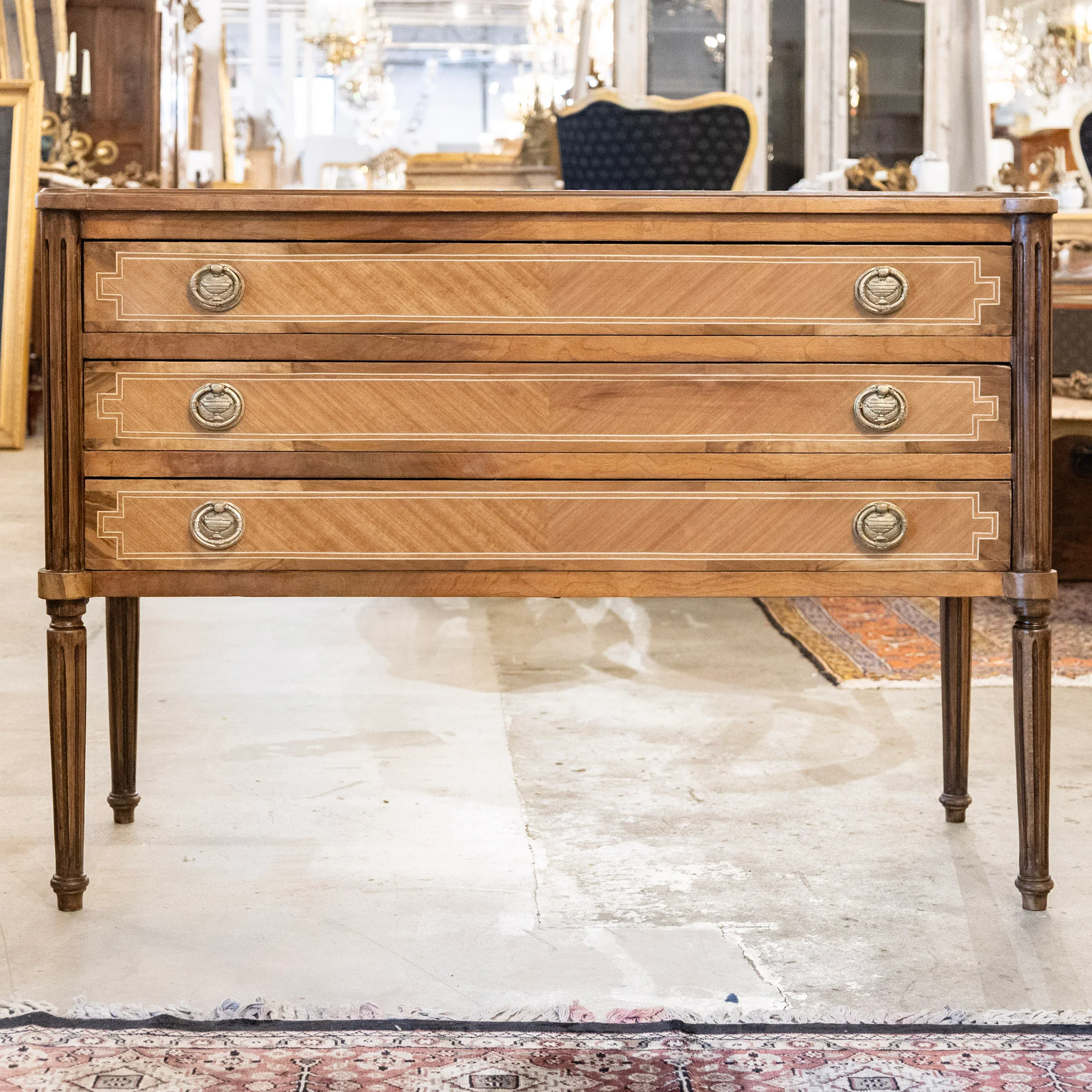 Louis XVI Wide Burl Wood Chest with Inlaid Trim & Greek Round Pulls