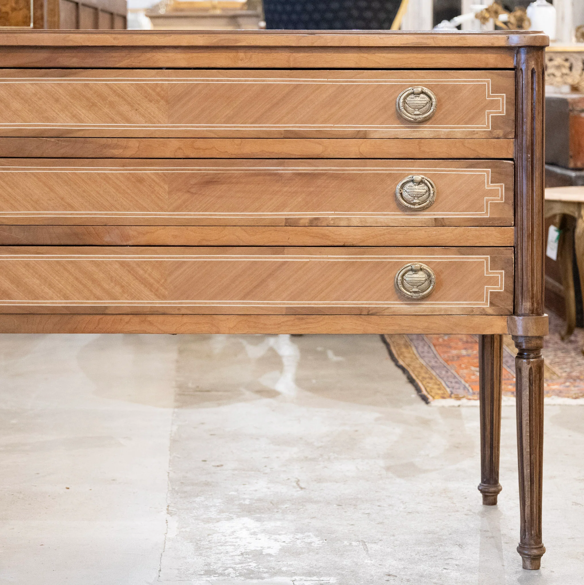 Louis XVI Wide Burl Wood Chest with Inlaid Trim & Greek Round Pulls - Image 2