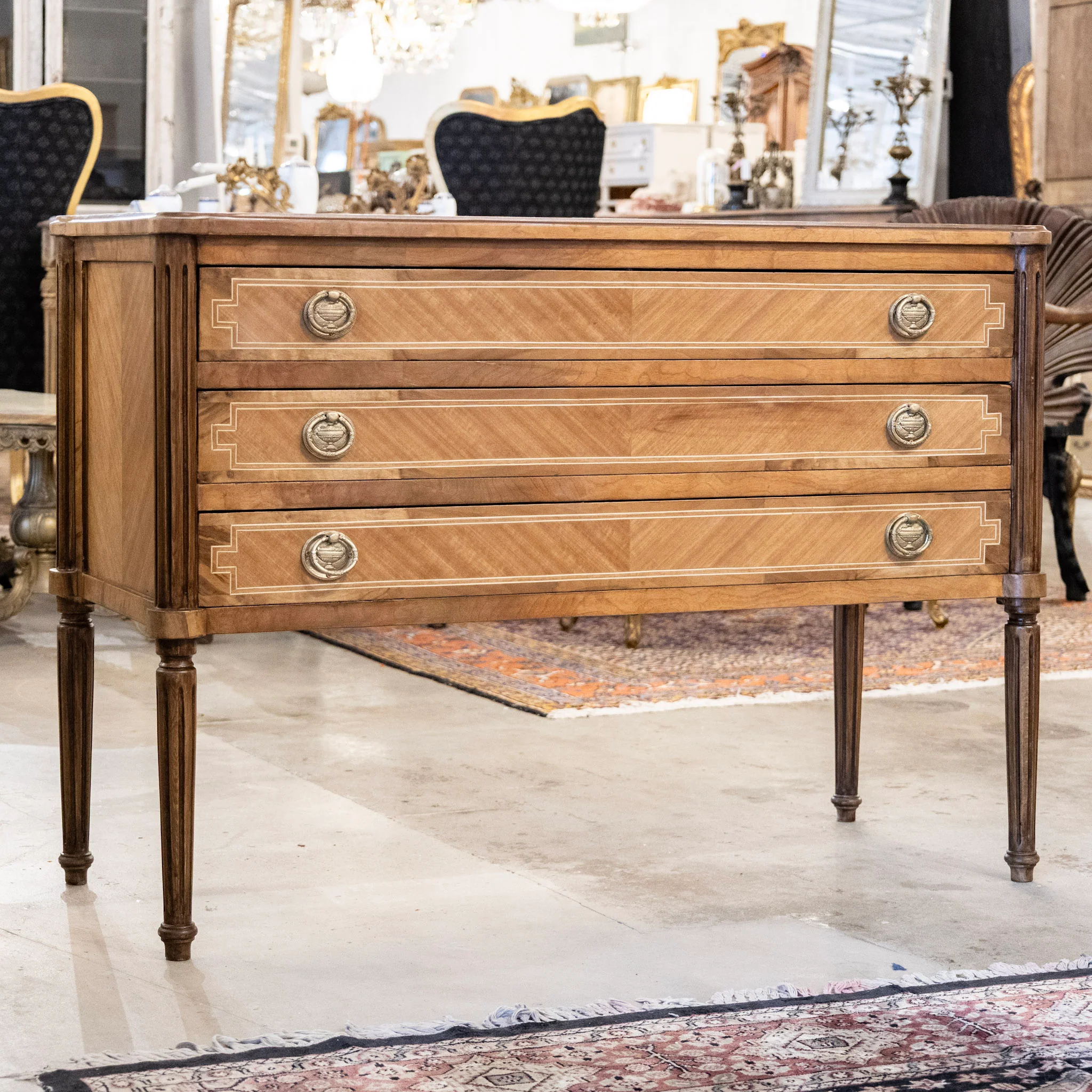 Louis XVI Wide Burl Wood Chest with Inlaid Trim & Greek Round Pulls - Image 3