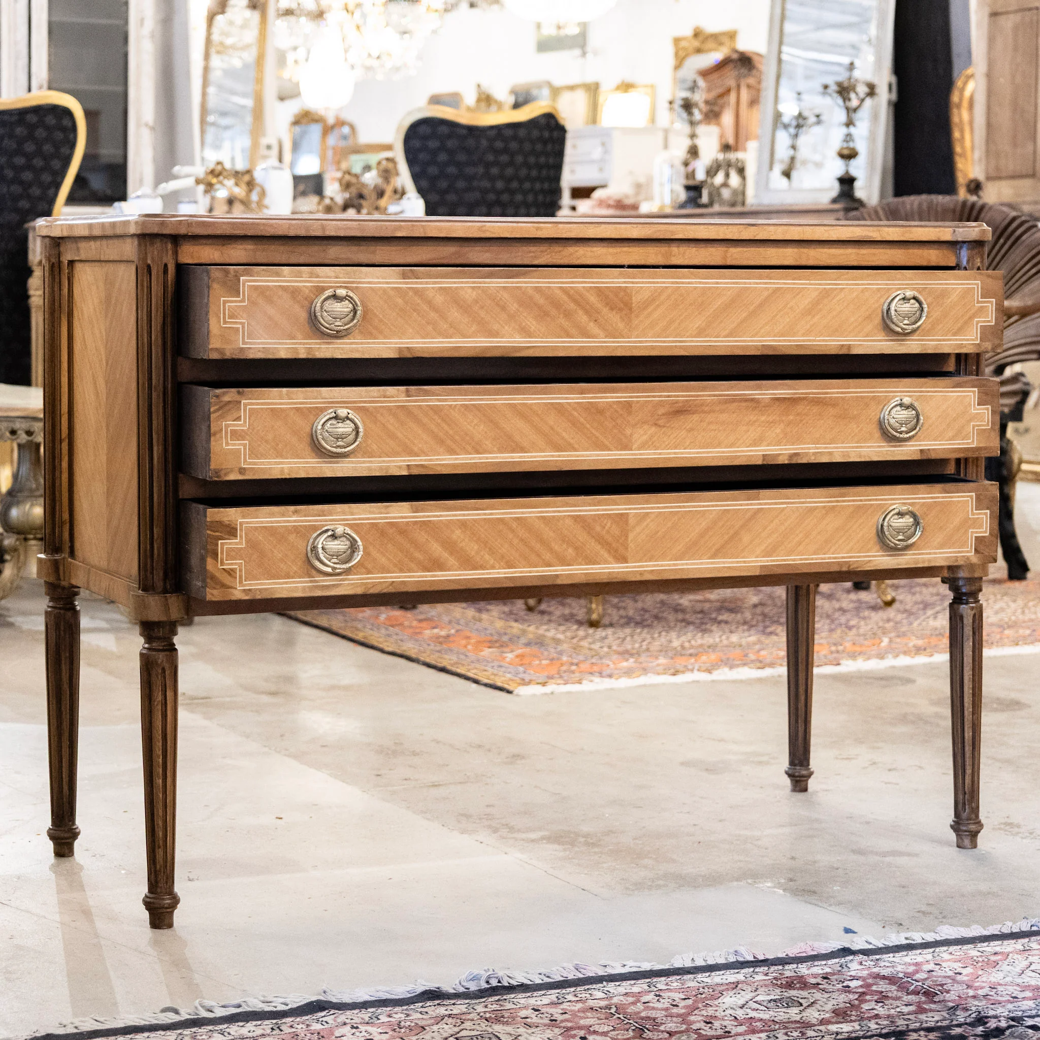 Louis XVI Wide Burl Wood Chest with Inlaid Trim & Greek Round Pulls - Image 4