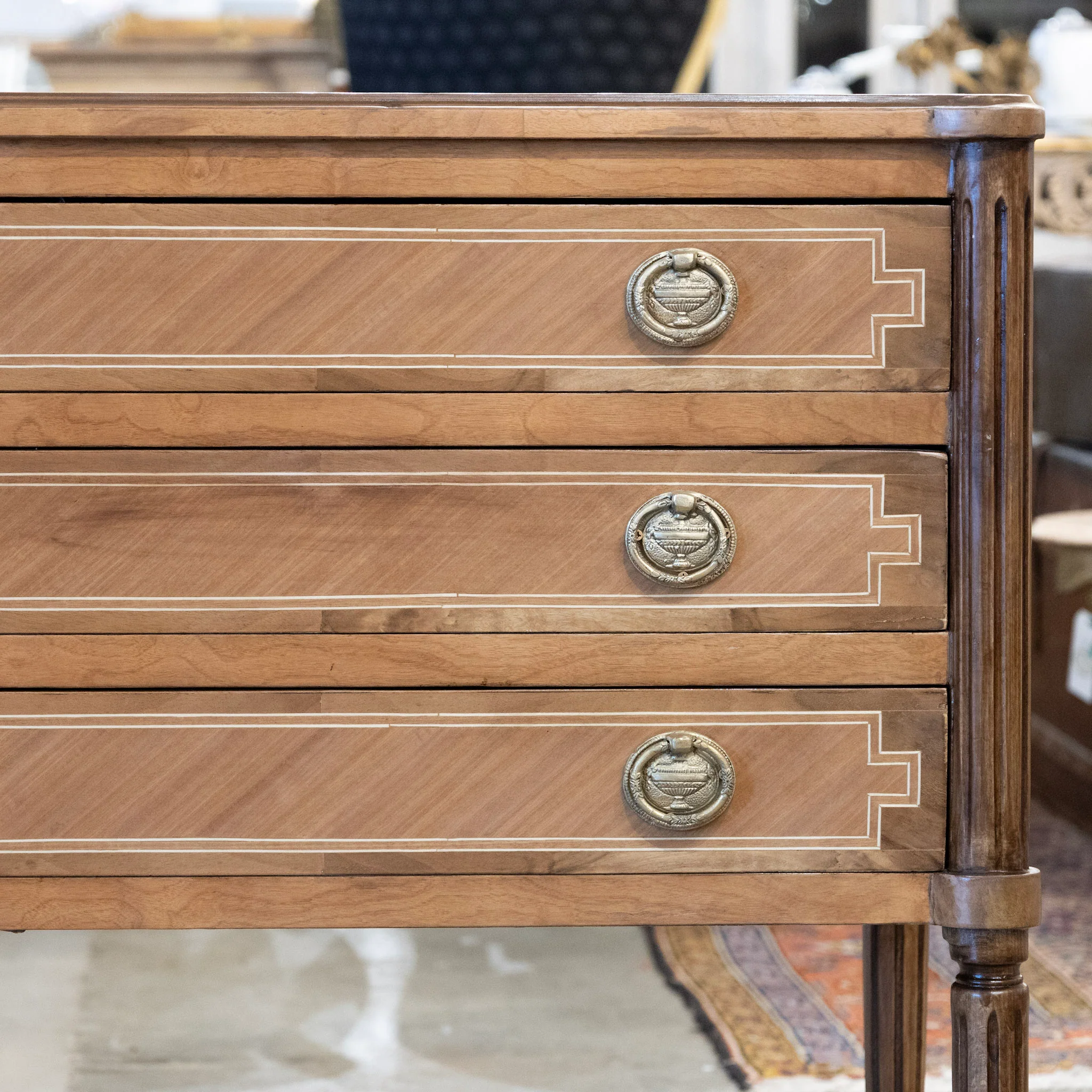 Louis XVI Wide Burl Wood Chest with Inlaid Trim & Greek Round Pulls - Image 5
