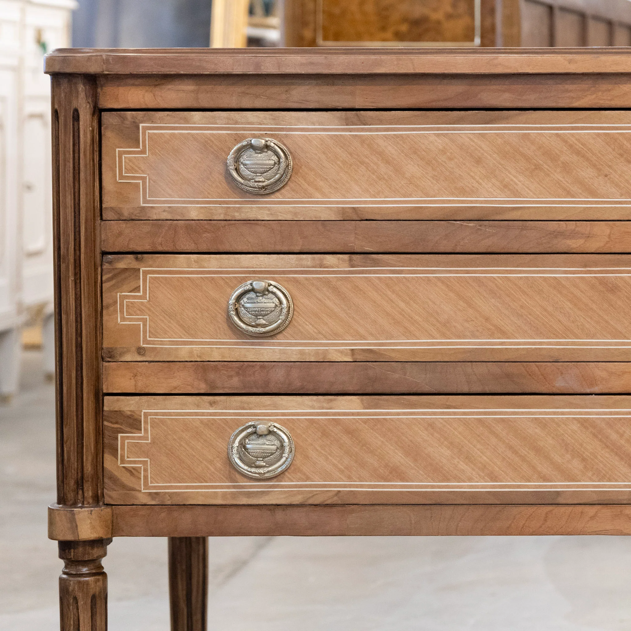 Louis XVI Wide Burl Wood Chest with Inlaid Trim & Greek Round Pulls - Image 6