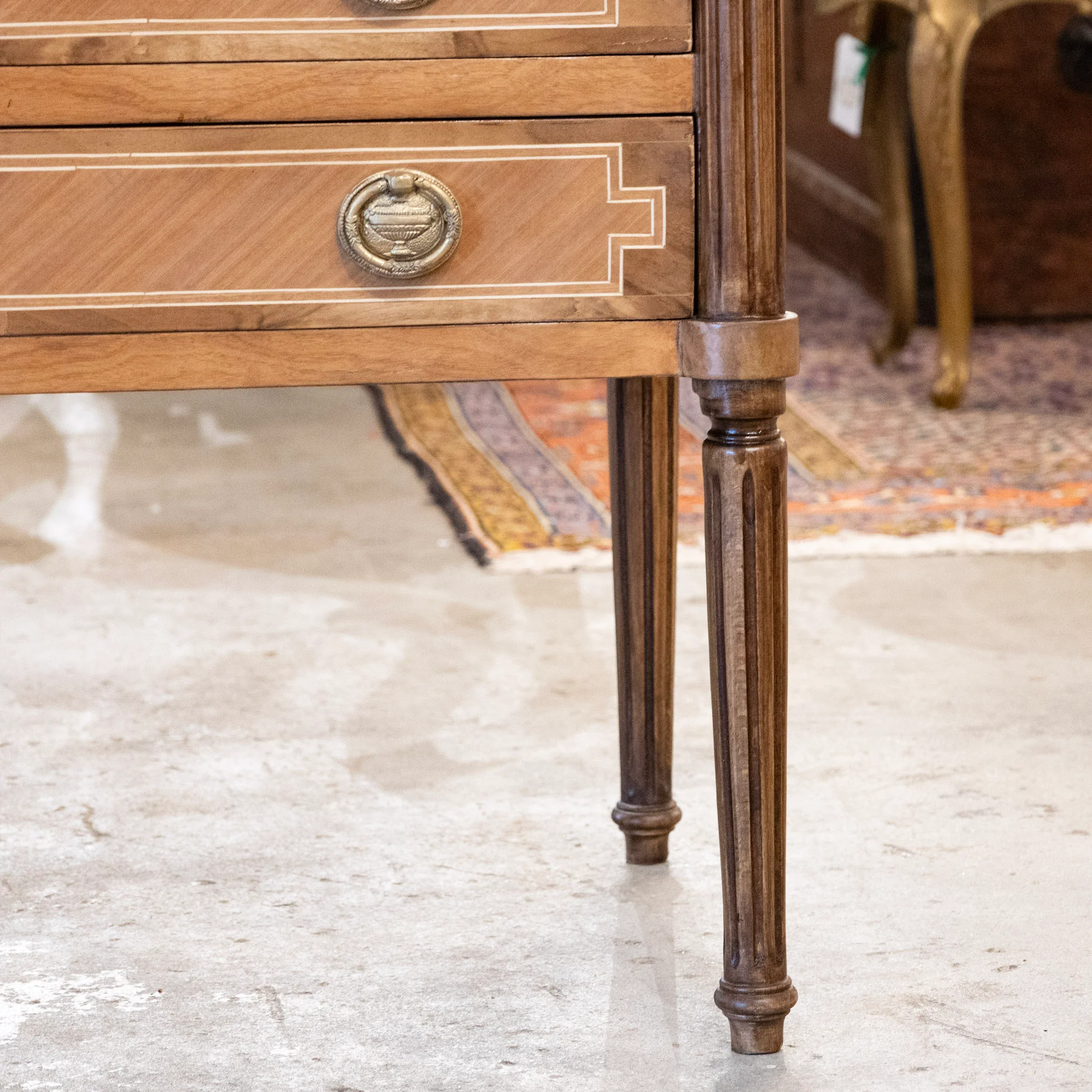 Louis XVI Wide Burl Wood Chest with Inlaid Trim & Greek Round Pulls - Image 8
