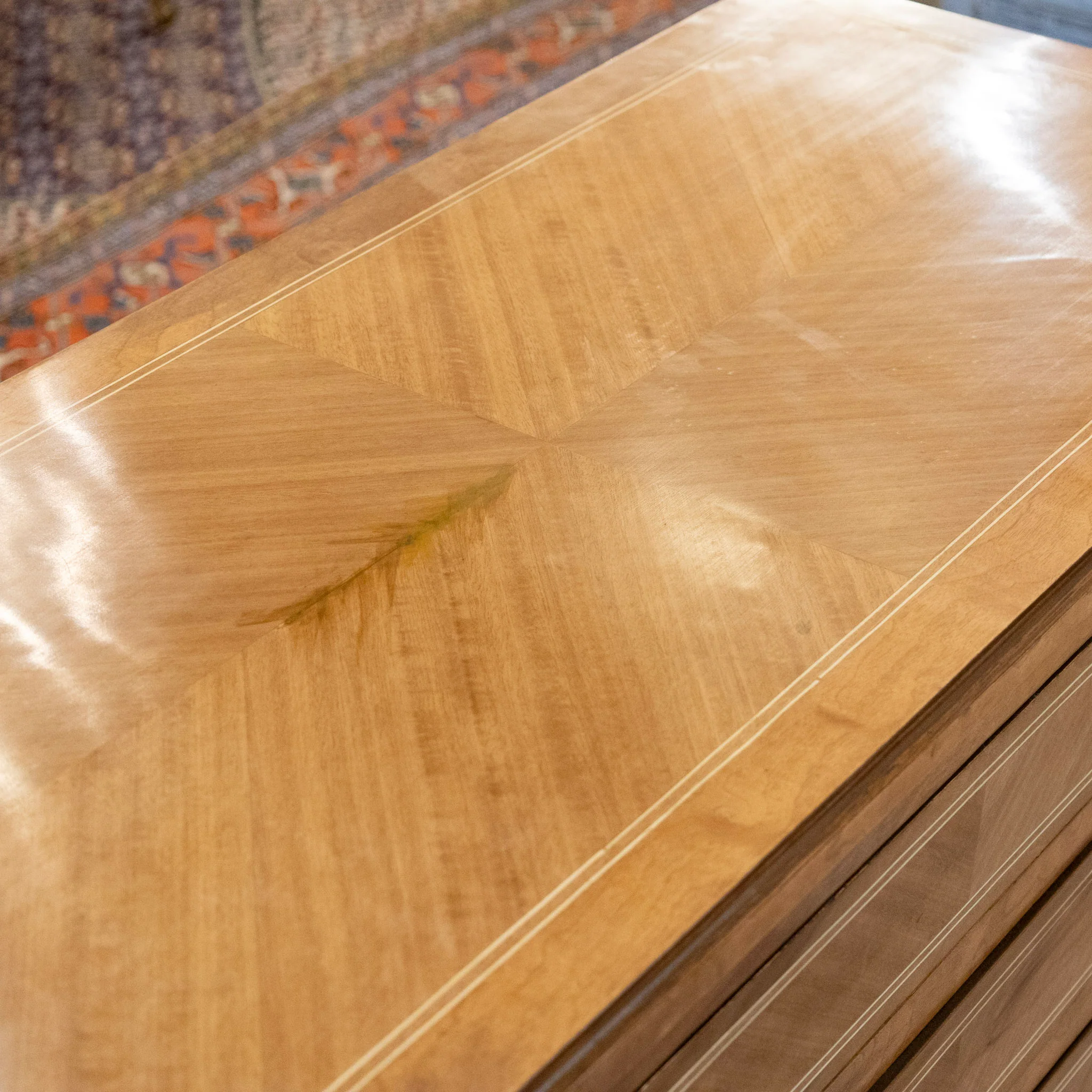 Louis XVI Wide Burl Wood Chest with Inlaid Trim & Greek Round Pulls - Image 9