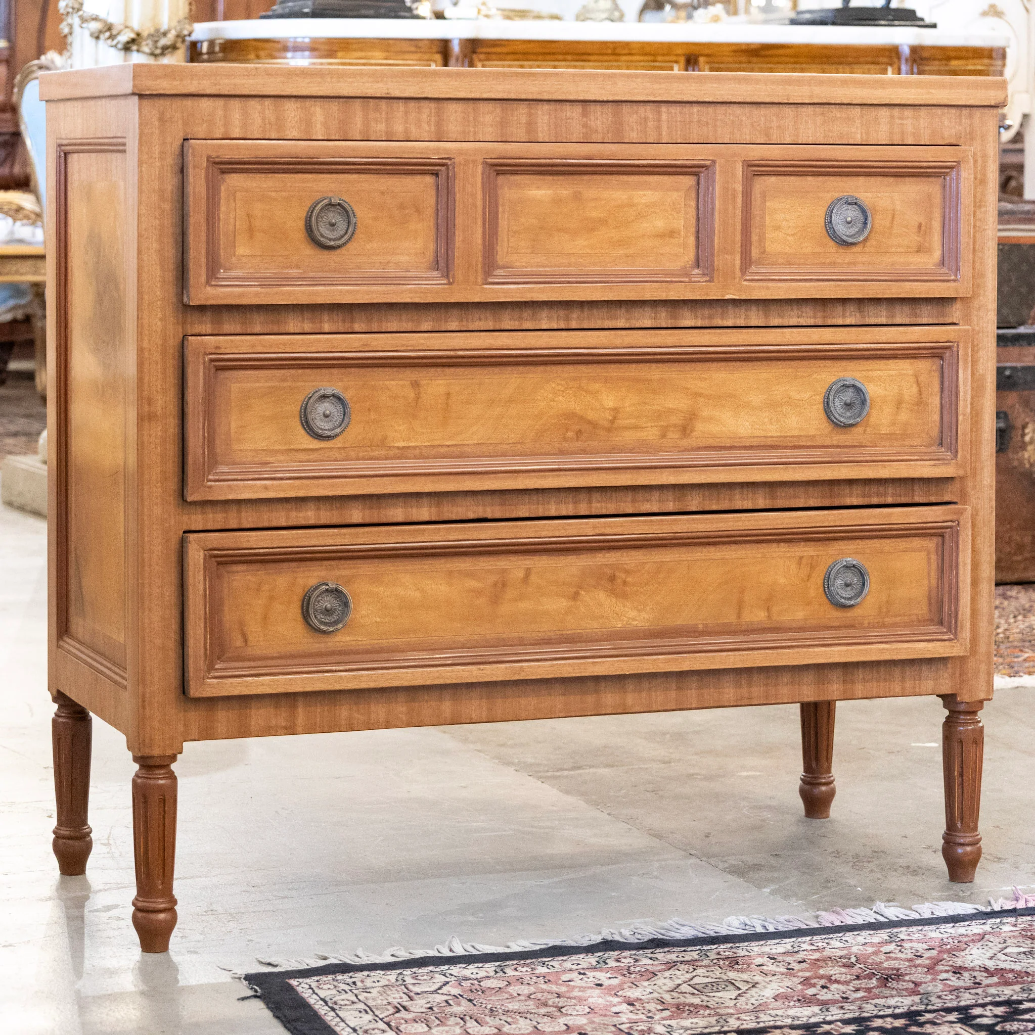 Louis XVI 3-Drawer Chest – Honey Burl Wood Finish & Large Ring Pulls - Image 3