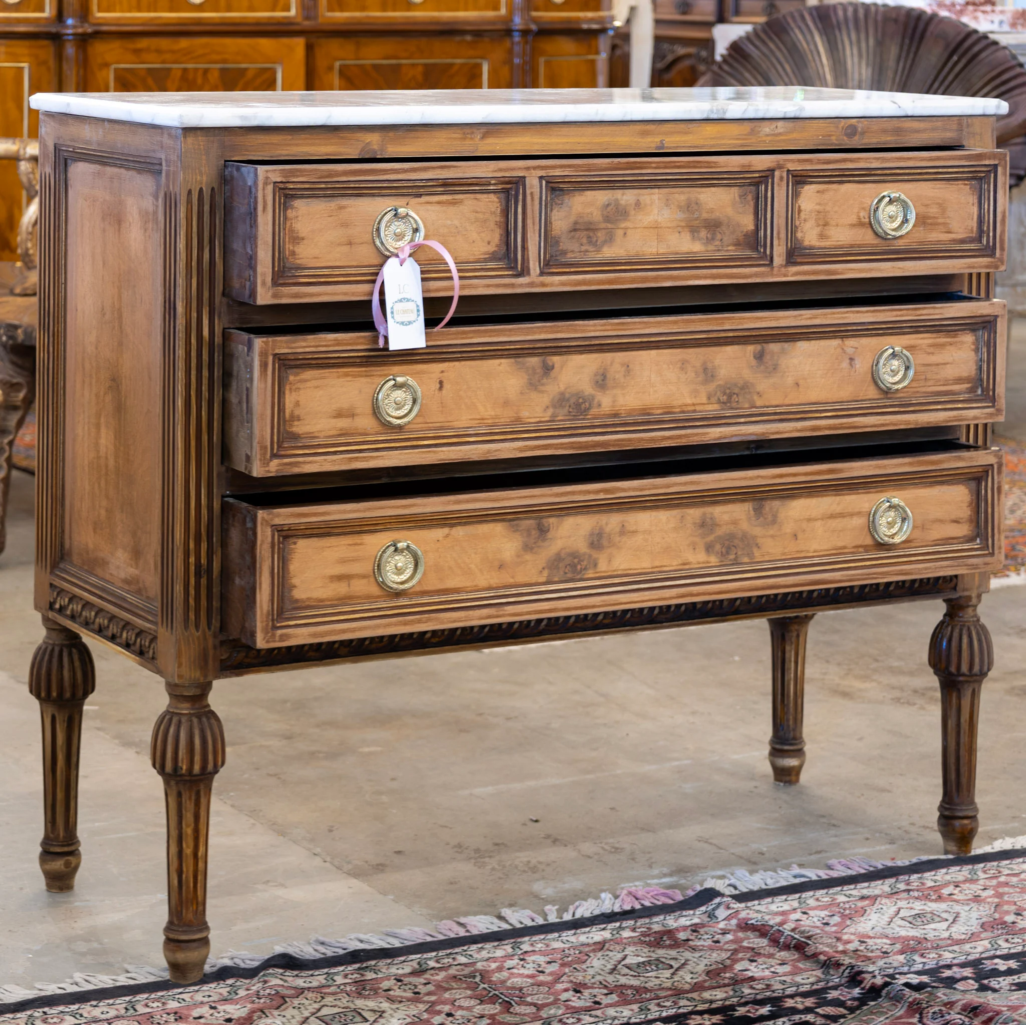 Louis XVI 3-Drawer Chest – Honey Burl Wood & Marble Top - Image 3