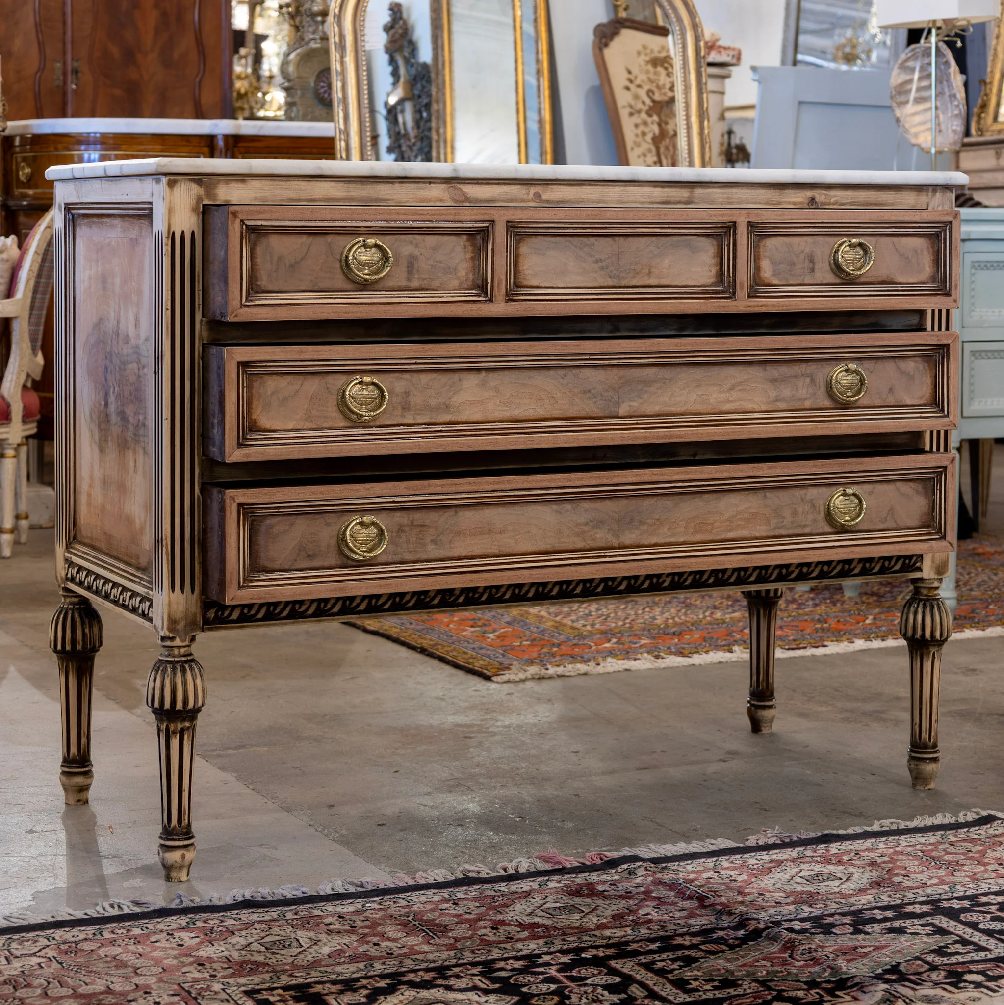 Louis XVI 3-Drawer Chest – Light Honey Burl Wood & Marble Top - Image 3
