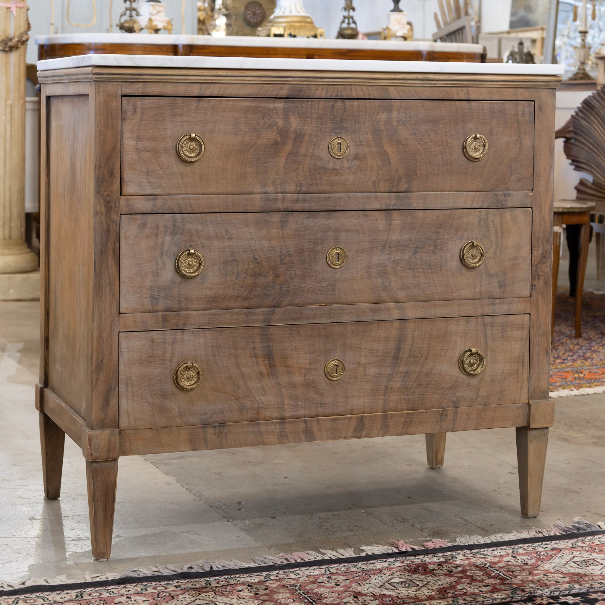 Louis XVI 3-Drawer Nightstand – Burl Wood with White Marble Top - Image 2
