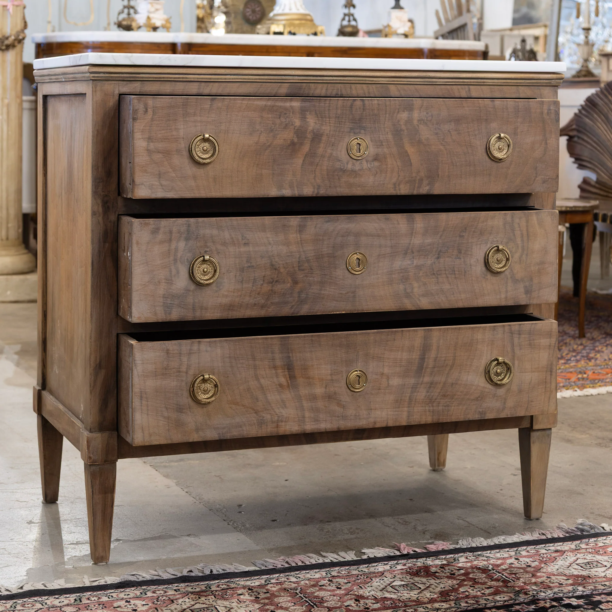 Louis XVI 3-Drawer Nightstand – Burl Wood with White Marble Top - Image 3