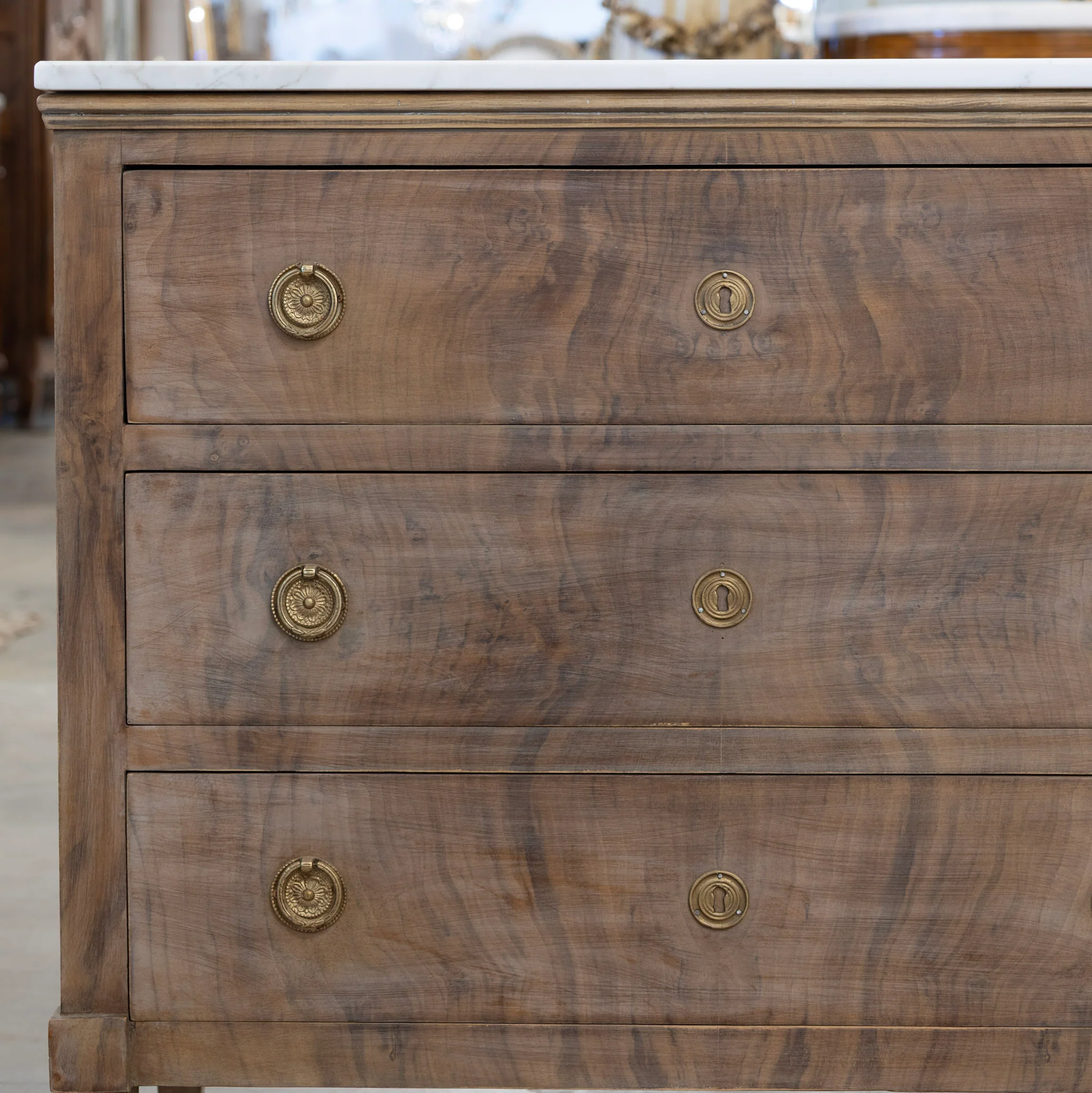 Louis XVI 3-Drawer Nightstand – Burl Wood with White Marble Top - Image 4