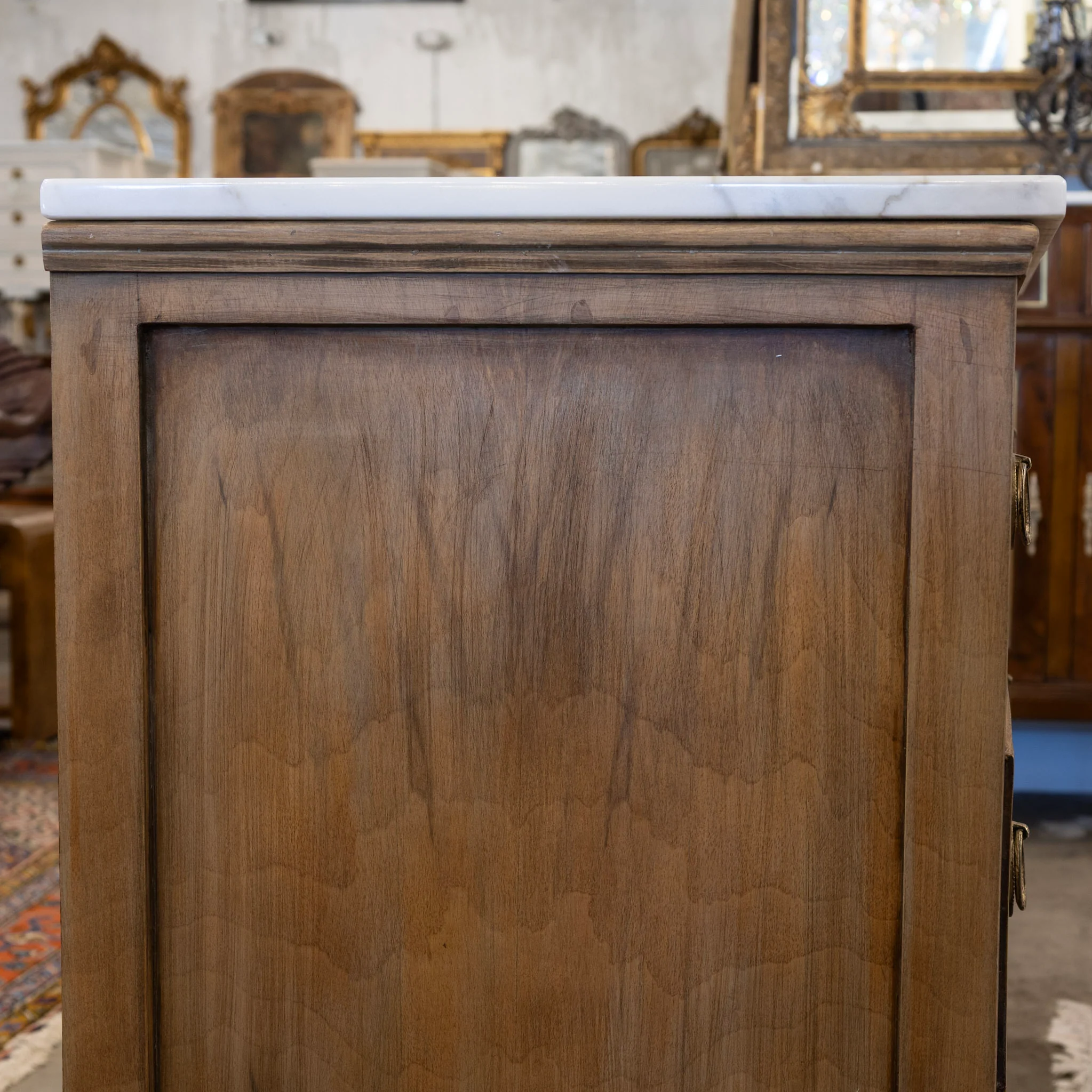 Louis XVI 3-Drawer Nightstand – Burl Wood with White Marble Top - Image 5