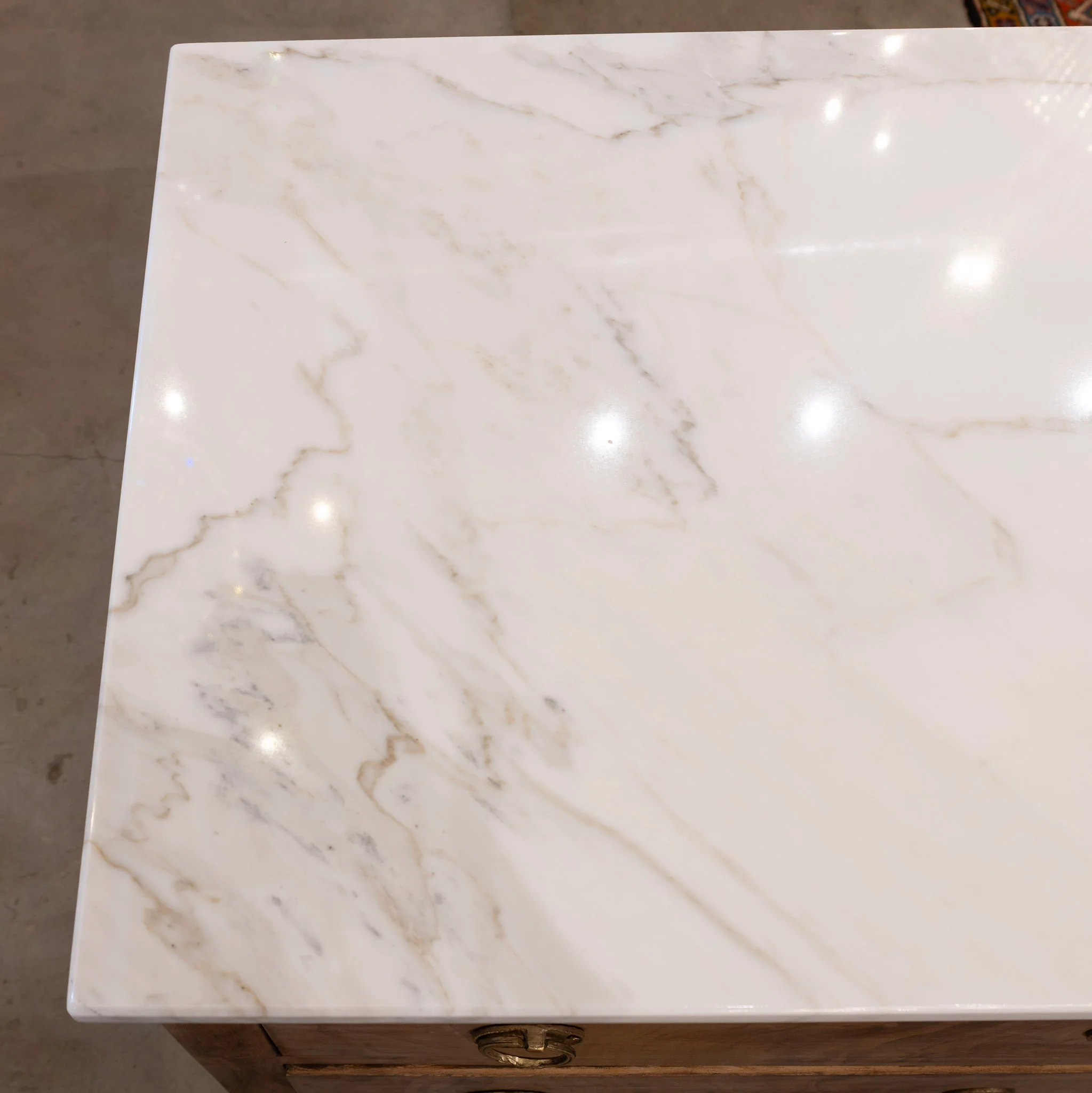 Louis XVI 3-Drawer Nightstand – Burl Wood with White Marble Top - Image 6
