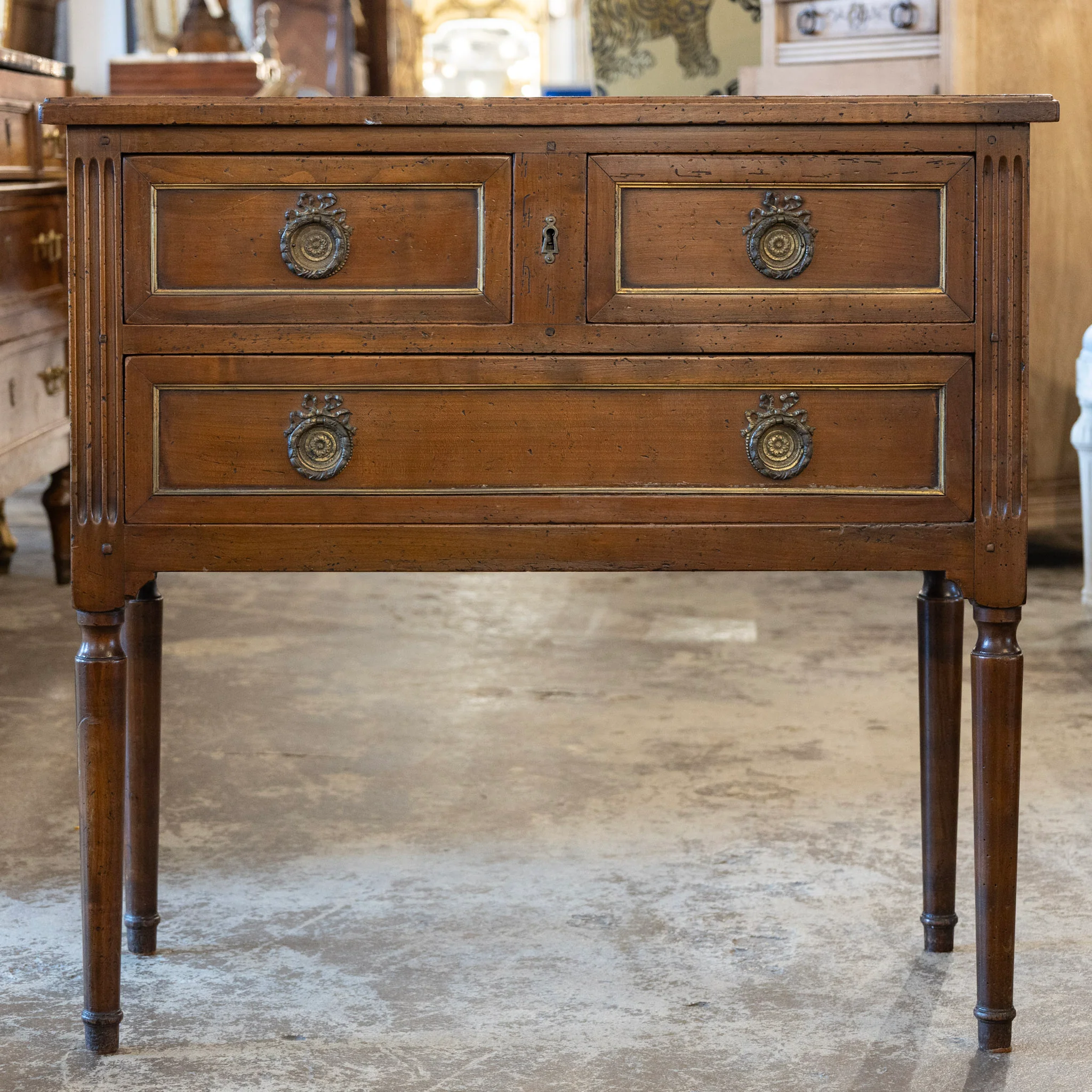 Louis XVI 3-Drawer Nightstand – Dark Brown Wood