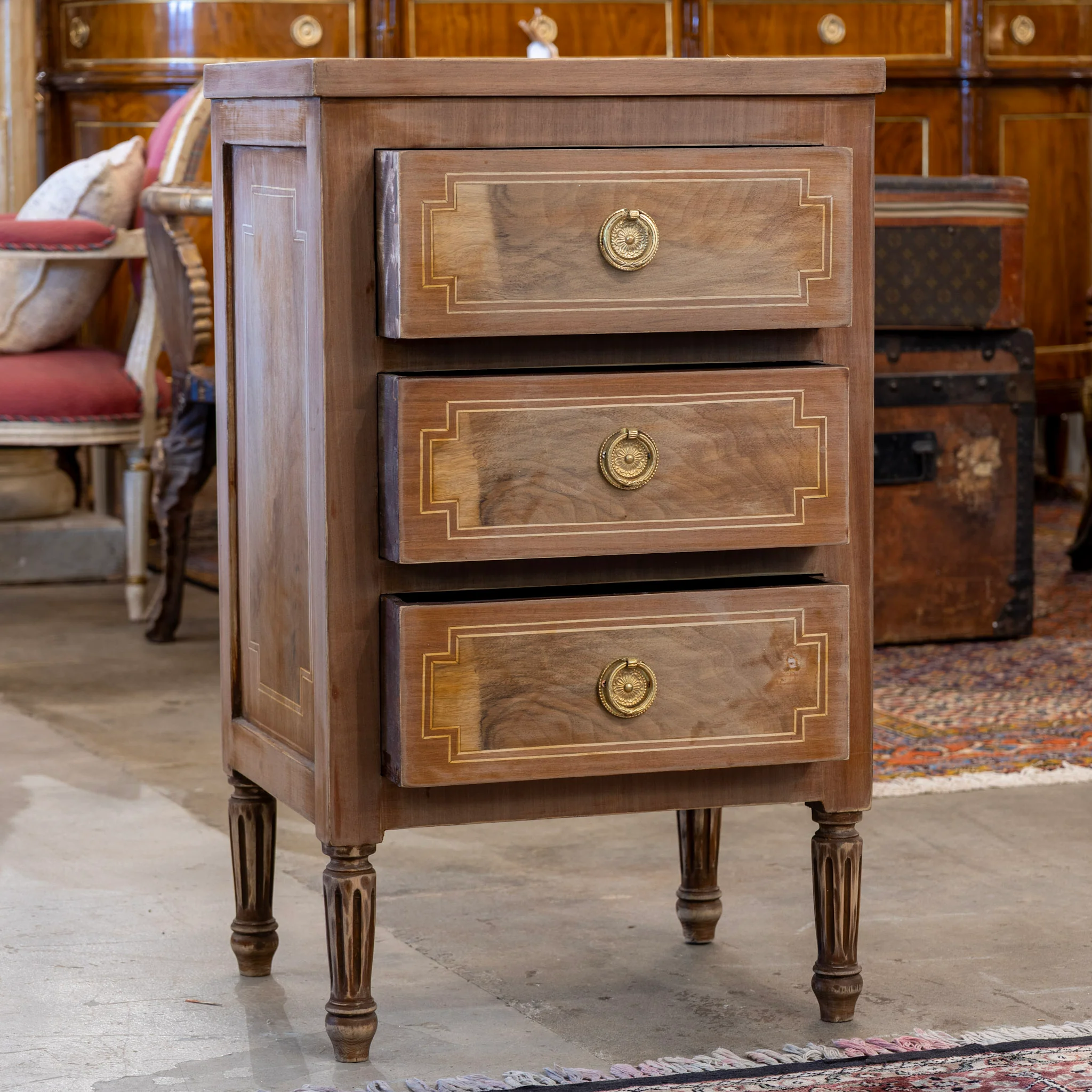 Louis XVI 3-Drawer Nightstand – Stripped Burl Wood Finish - Image 3