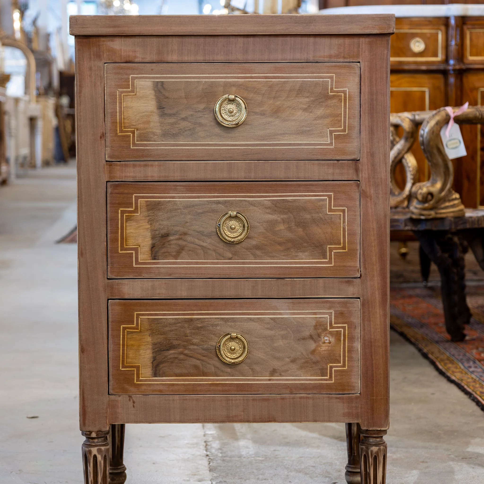 Louis XVI 3-Drawer Nightstand – Stripped Burl Wood Finish - Image 4