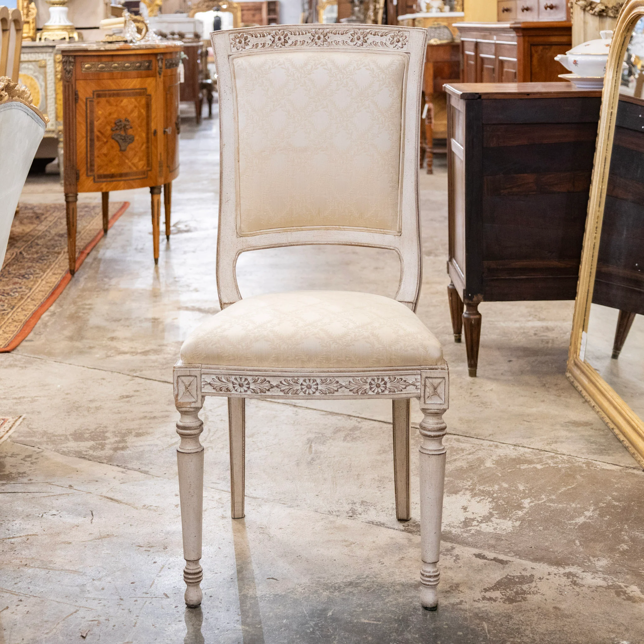 Antique White Square Dining Chair –  Original Cream Damask Upholstery