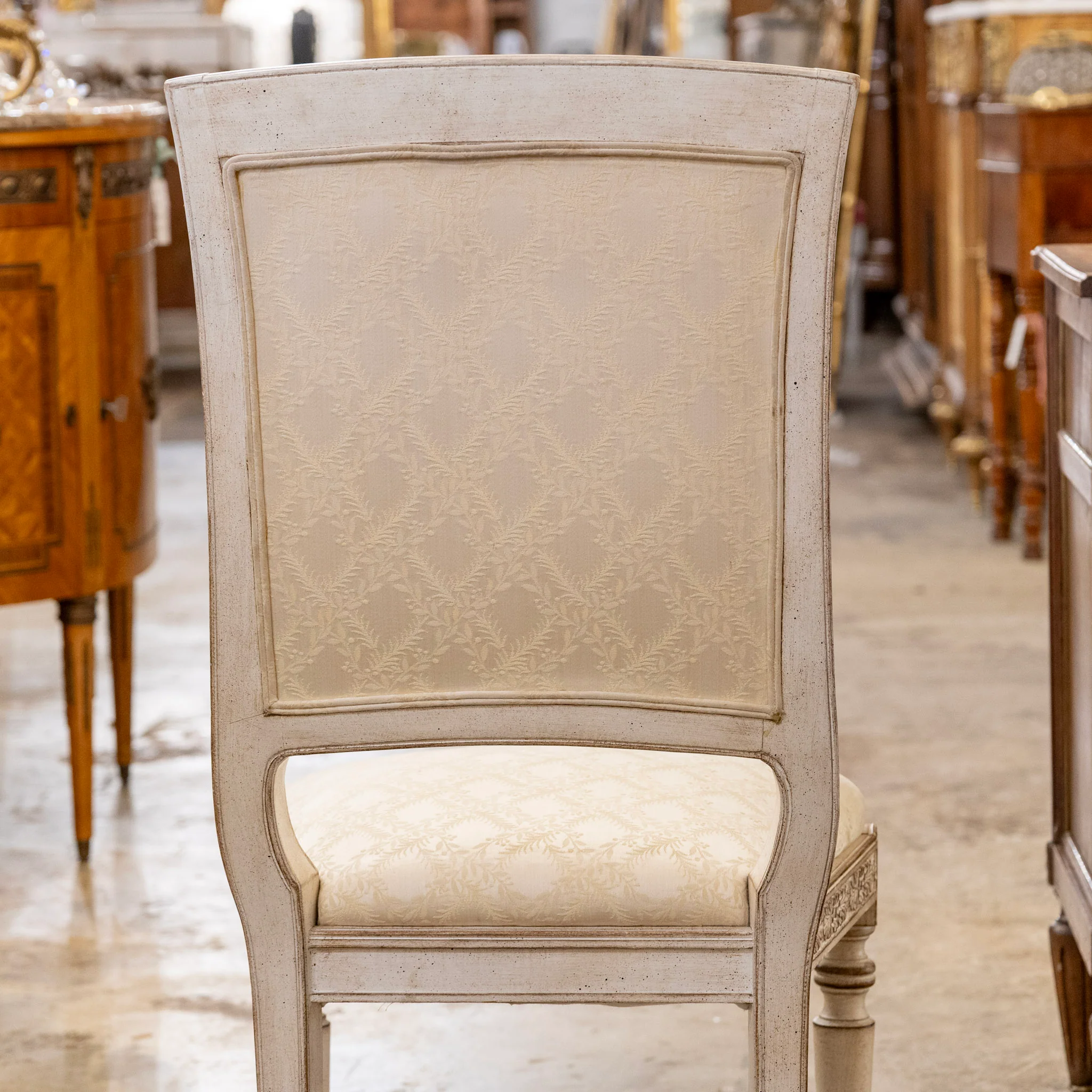 Antique White Square Dining Chair –  Original Cream Damask Upholstery - Image 10