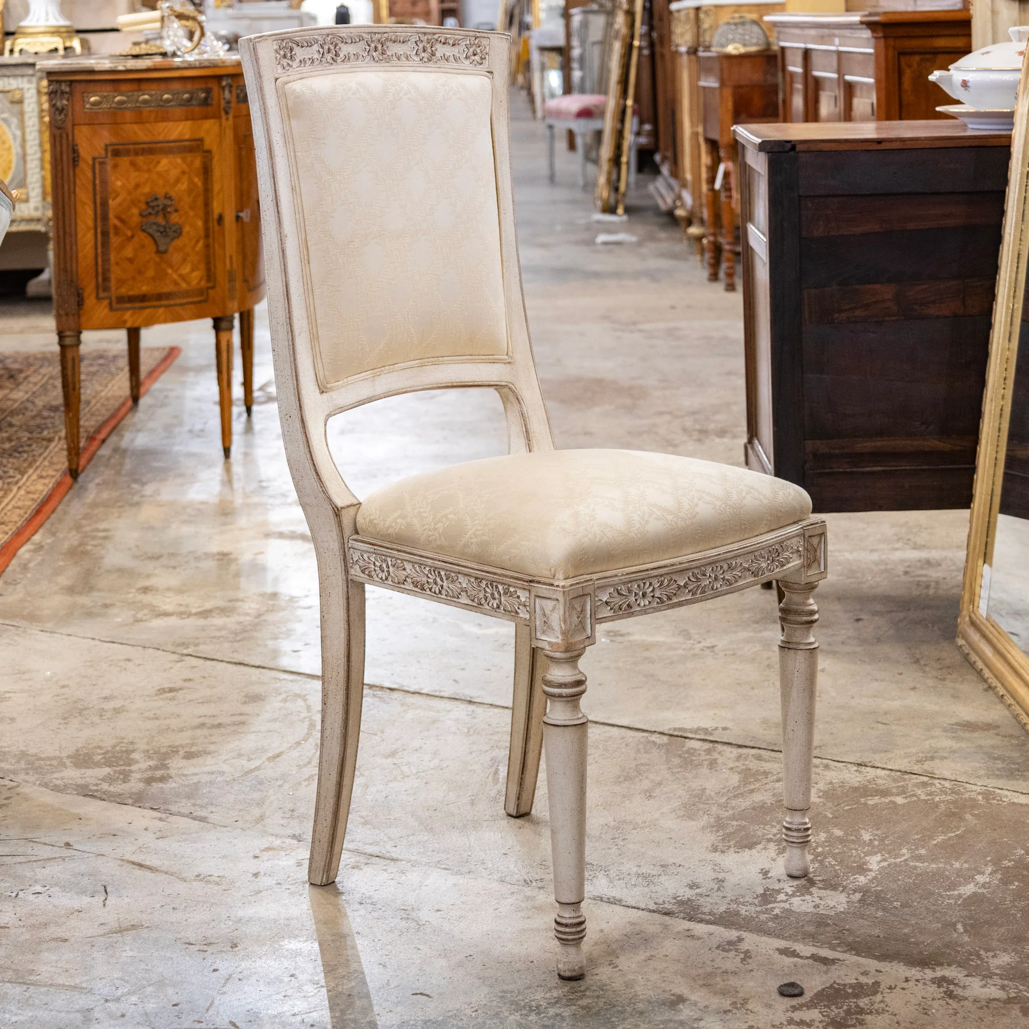 Antique White Square Dining Chair –  Original Cream Damask Upholstery - Image 2