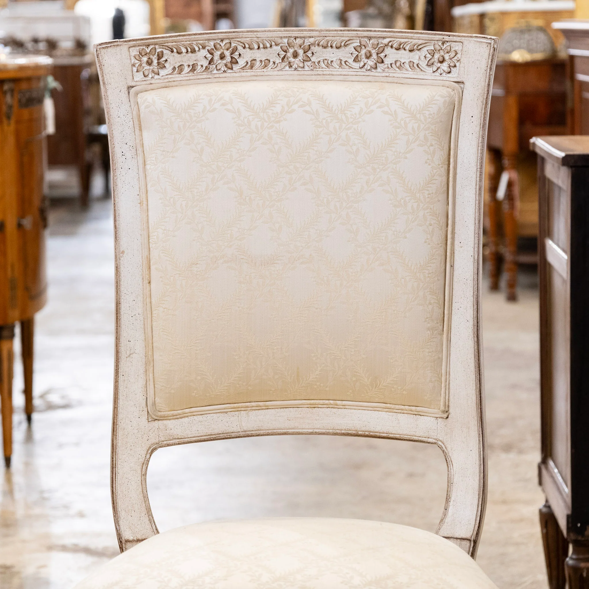 Antique White Square Dining Chair –  Original Cream Damask Upholstery - Image 3
