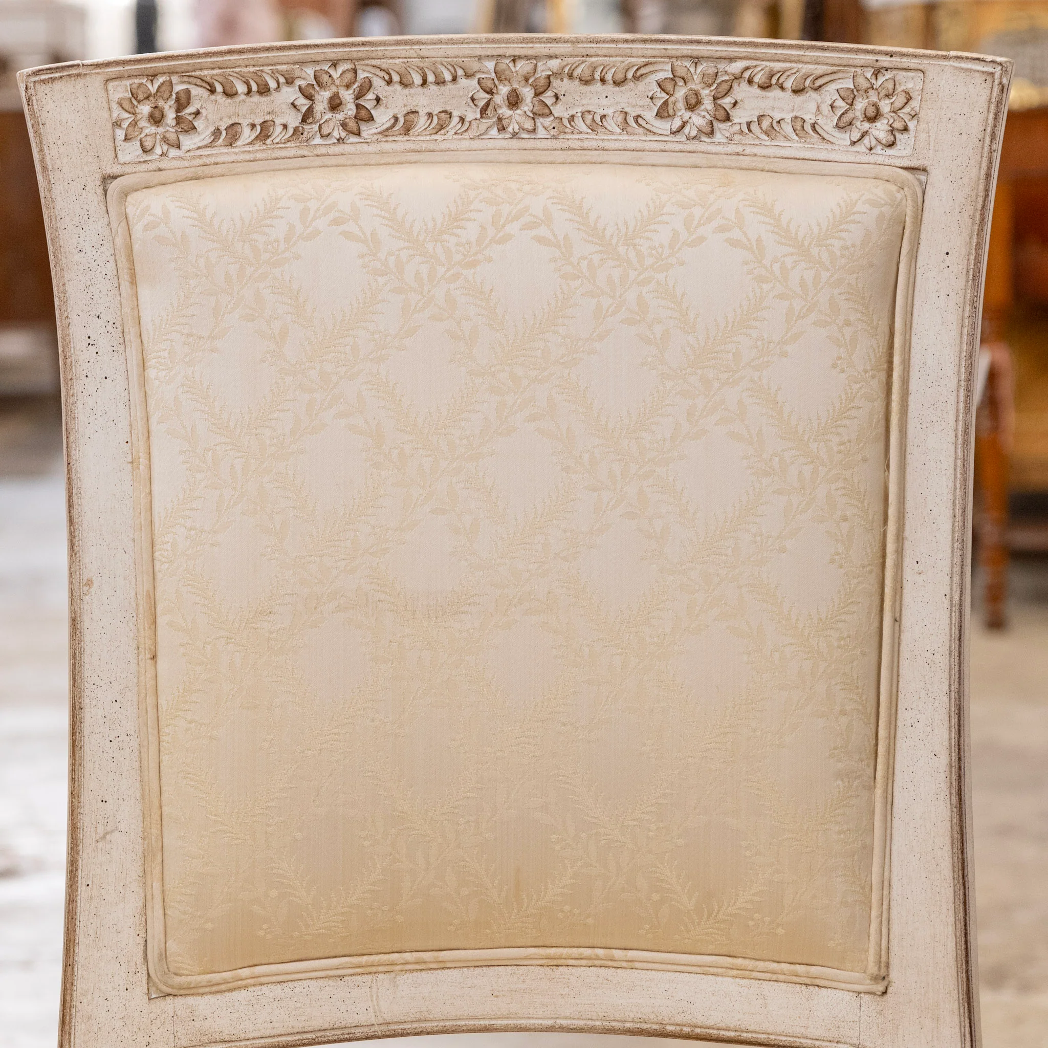 Antique White Square Dining Chair –  Original Cream Damask Upholstery - Image 4