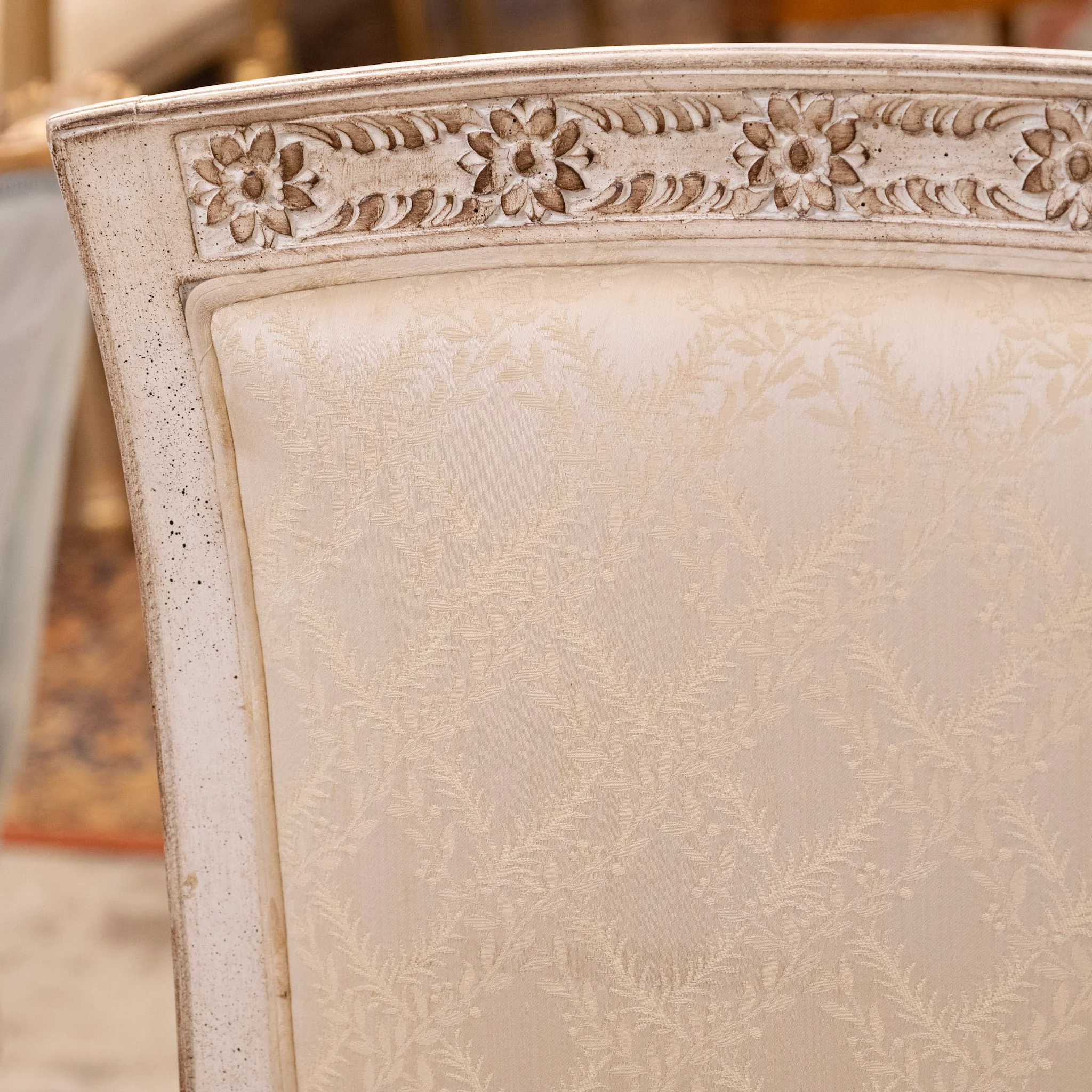 Antique White Square Dining Chair –  Original Cream Damask Upholstery - Image 5