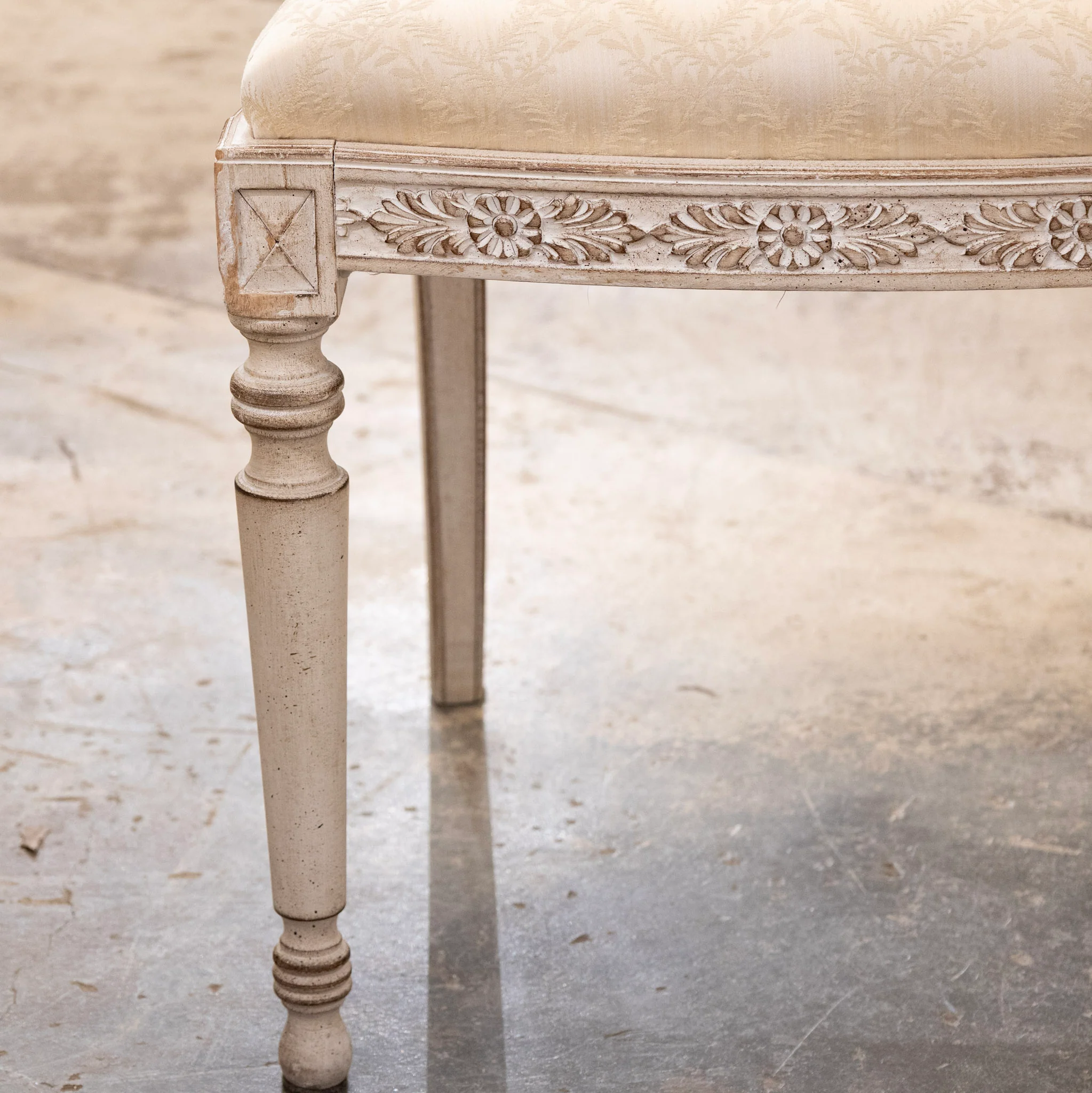 Antique White Square Dining Chair –  Original Cream Damask Upholstery - Image 6