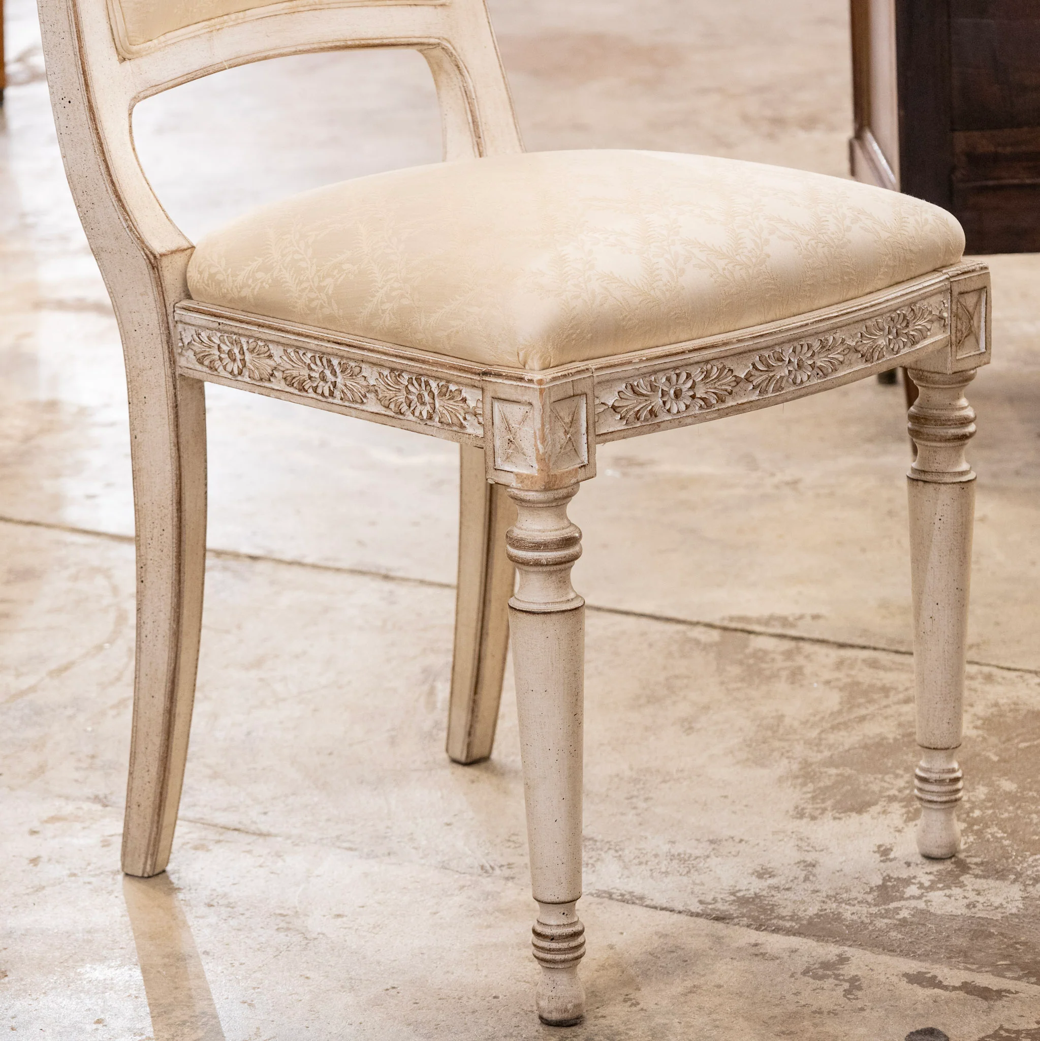 Antique White Square Dining Chair –  Original Cream Damask Upholstery - Image 7