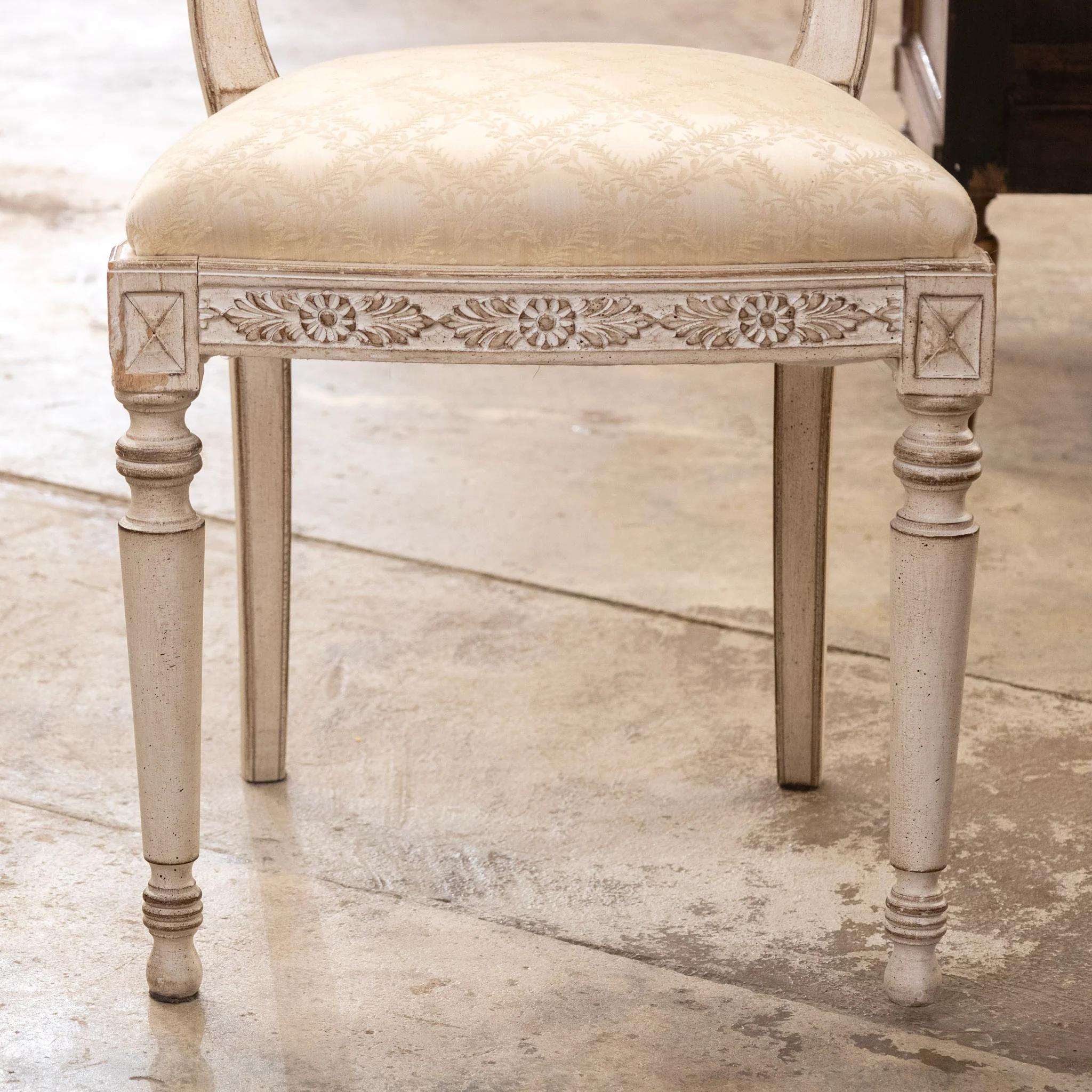 Antique White Square Dining Chair –  Original Cream Damask Upholstery - Image 8