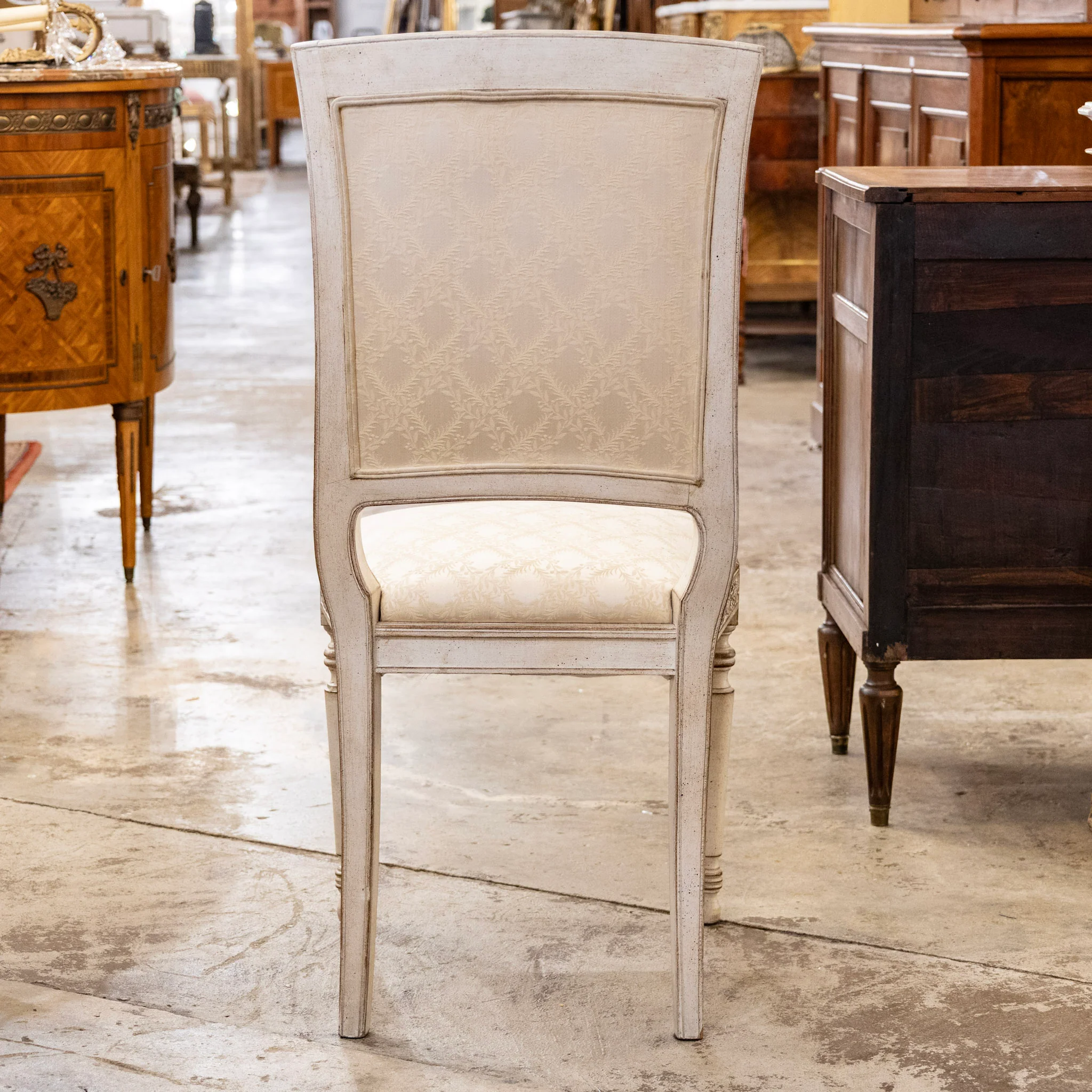 Antique White Square Dining Chair –  Original Cream Damask Upholstery - Image 9