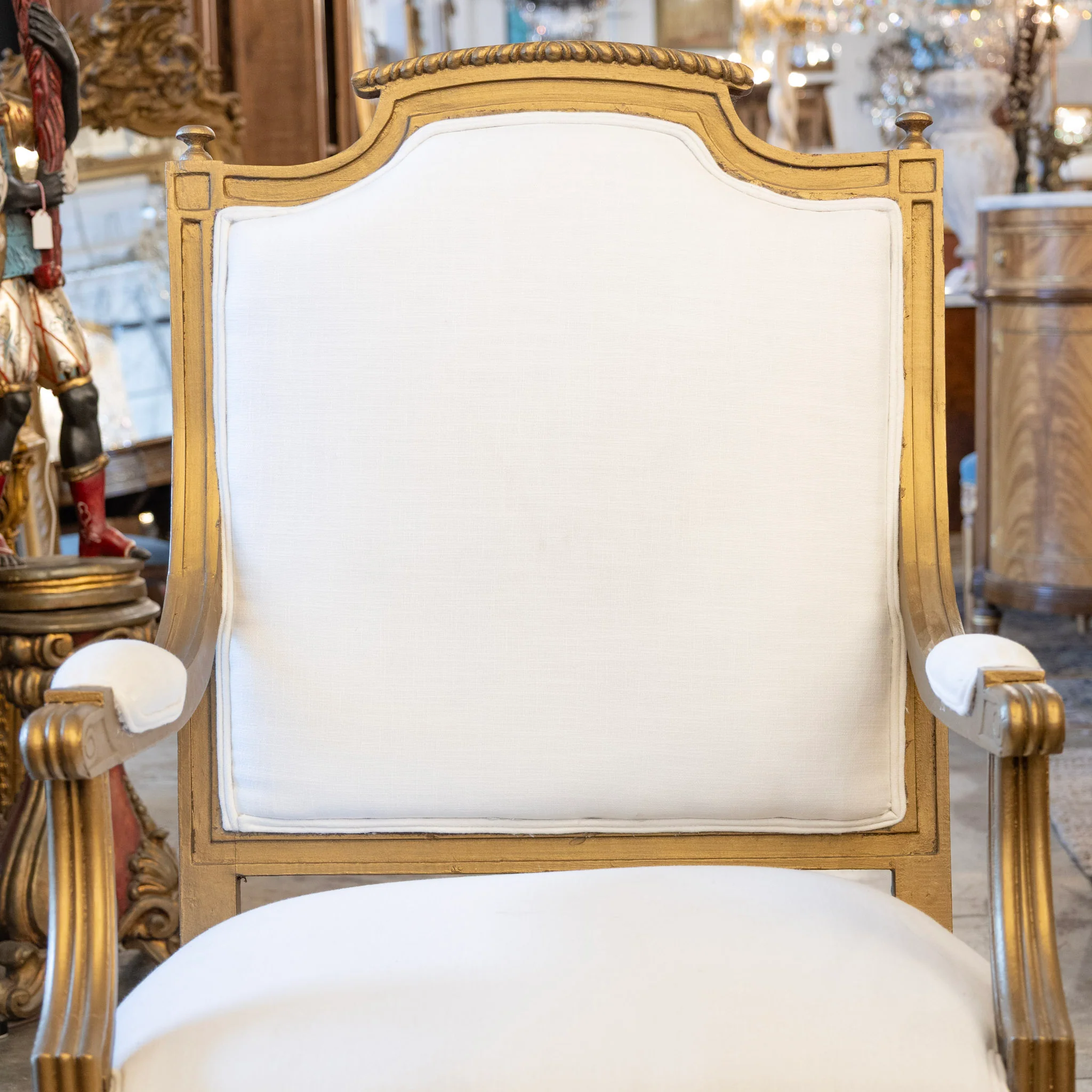 Louis XVI Armchair – Gilded Frame & White Linen Upholstery - Image 3