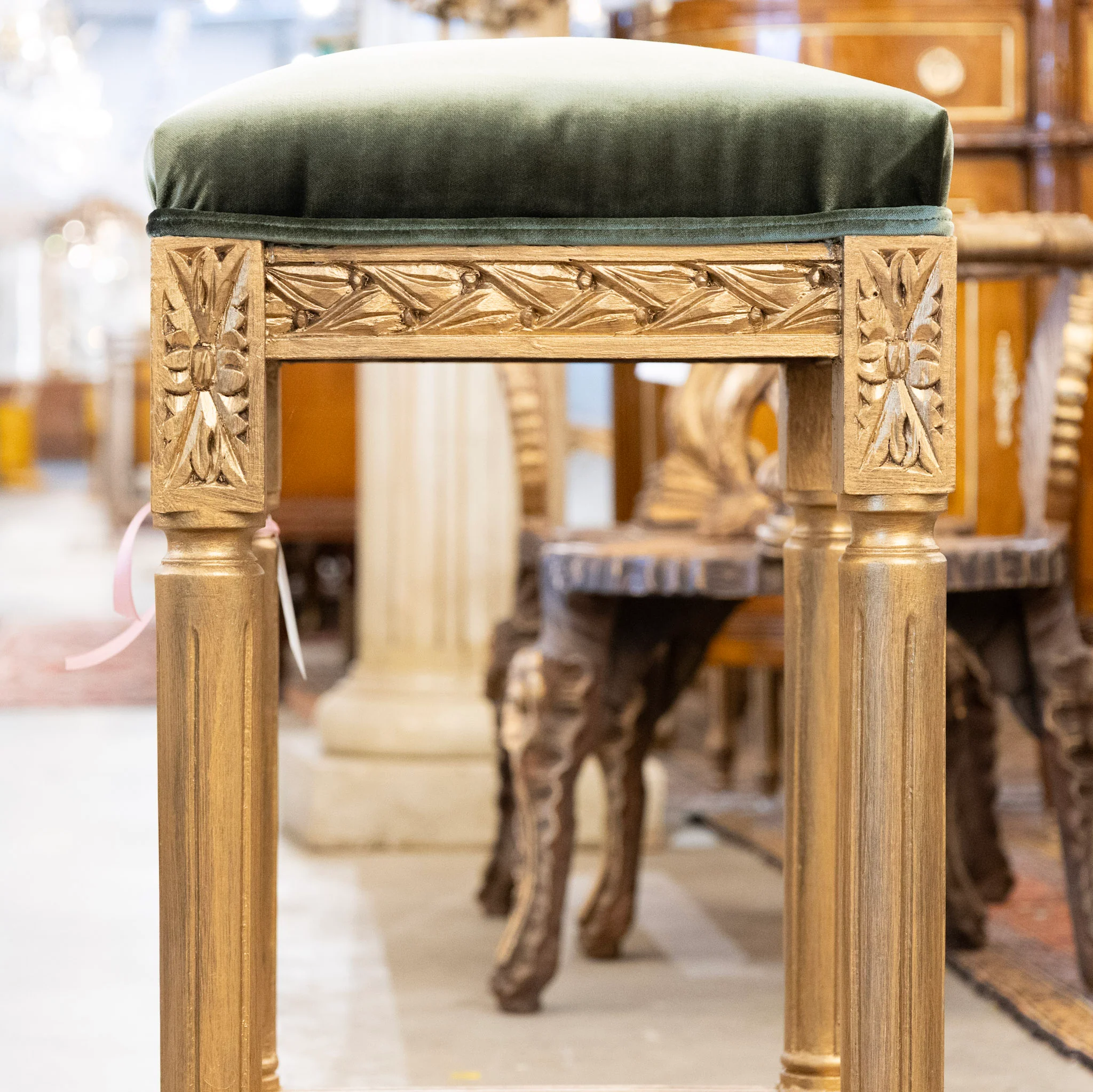 Louis XVI Gilded Bar Stool – Floral Trim & Green Velvet Upholstery - Image 3