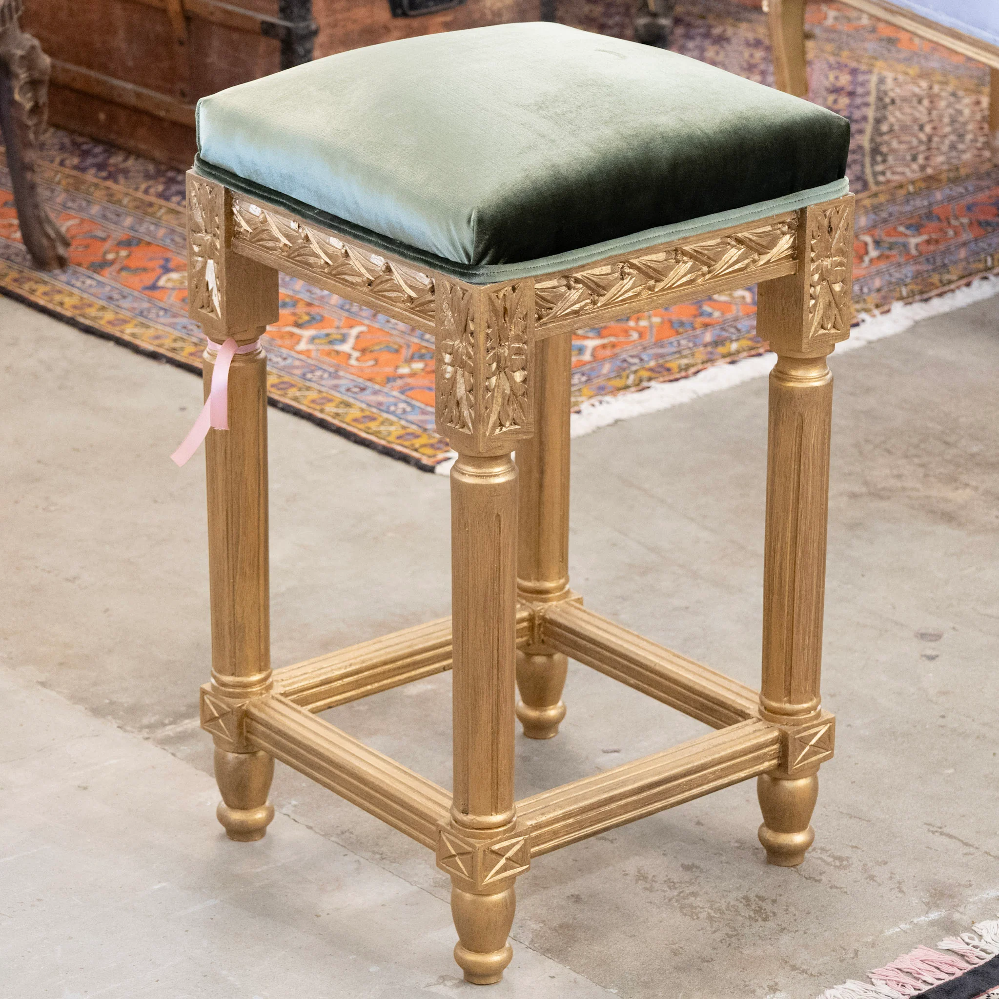 Louis XVI Gilded Bar Stool – Floral Trim & Green Velvet Upholstery - Image 4