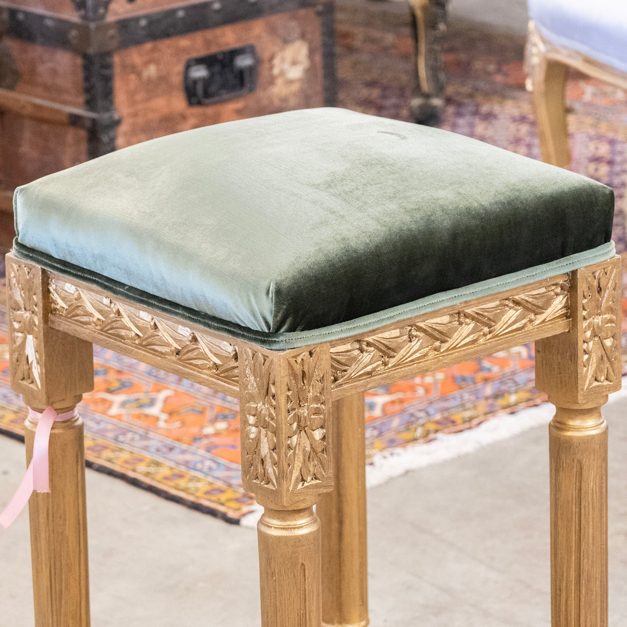 Louis XVI Gilded Bar Stool – Floral Trim & Green Velvet Upholstery - Image 5