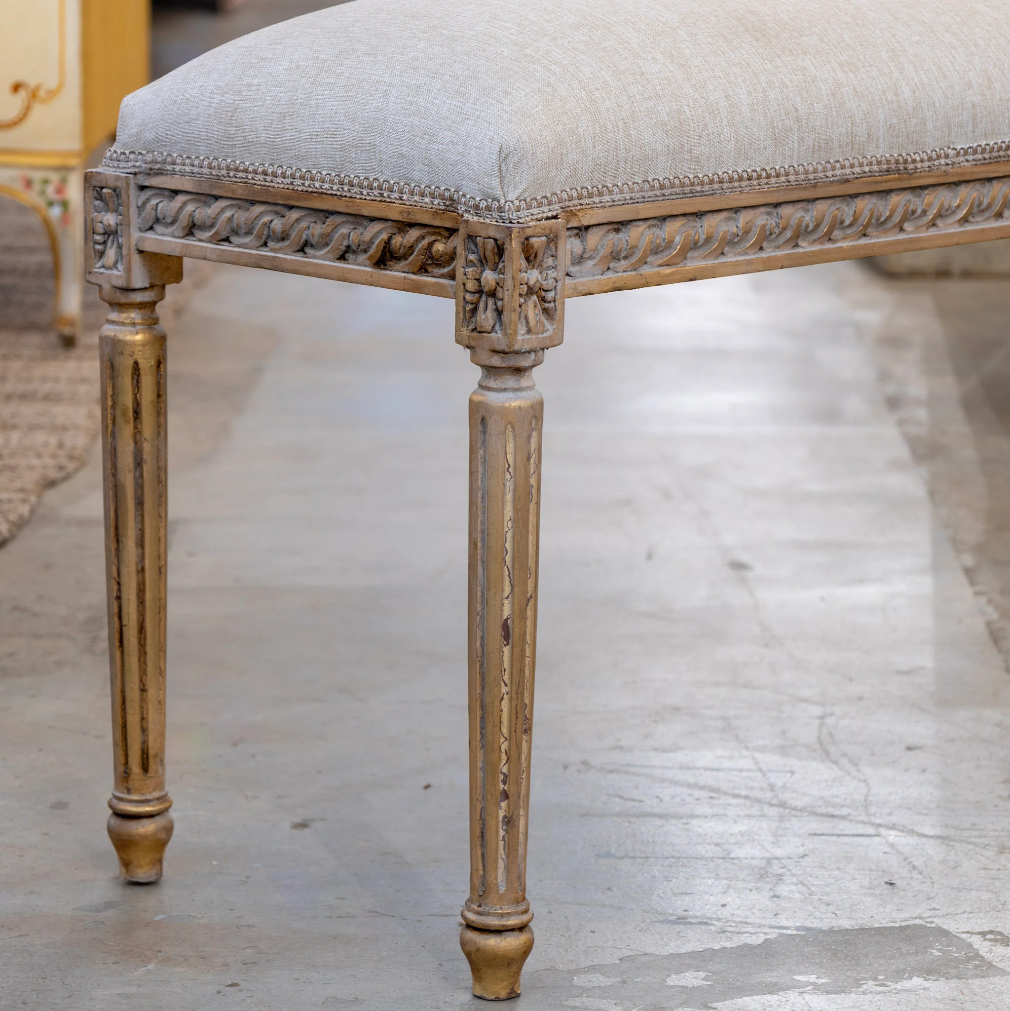 Louis XVI Bench – Carved Gold Trim & Grey Linen Upholstery - Image 3