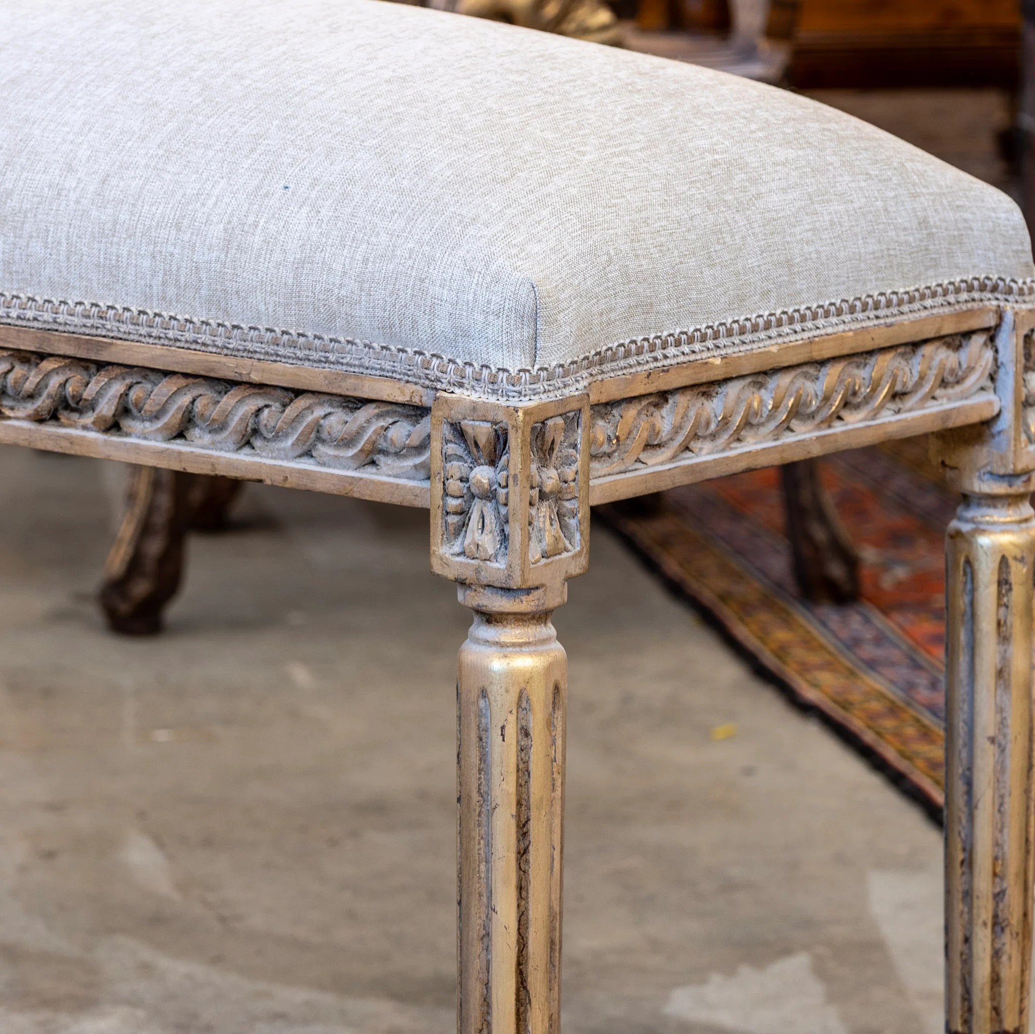 Louis XVI Bench – Carved Gold Trim & Grey Linen Upholstery - Image 4