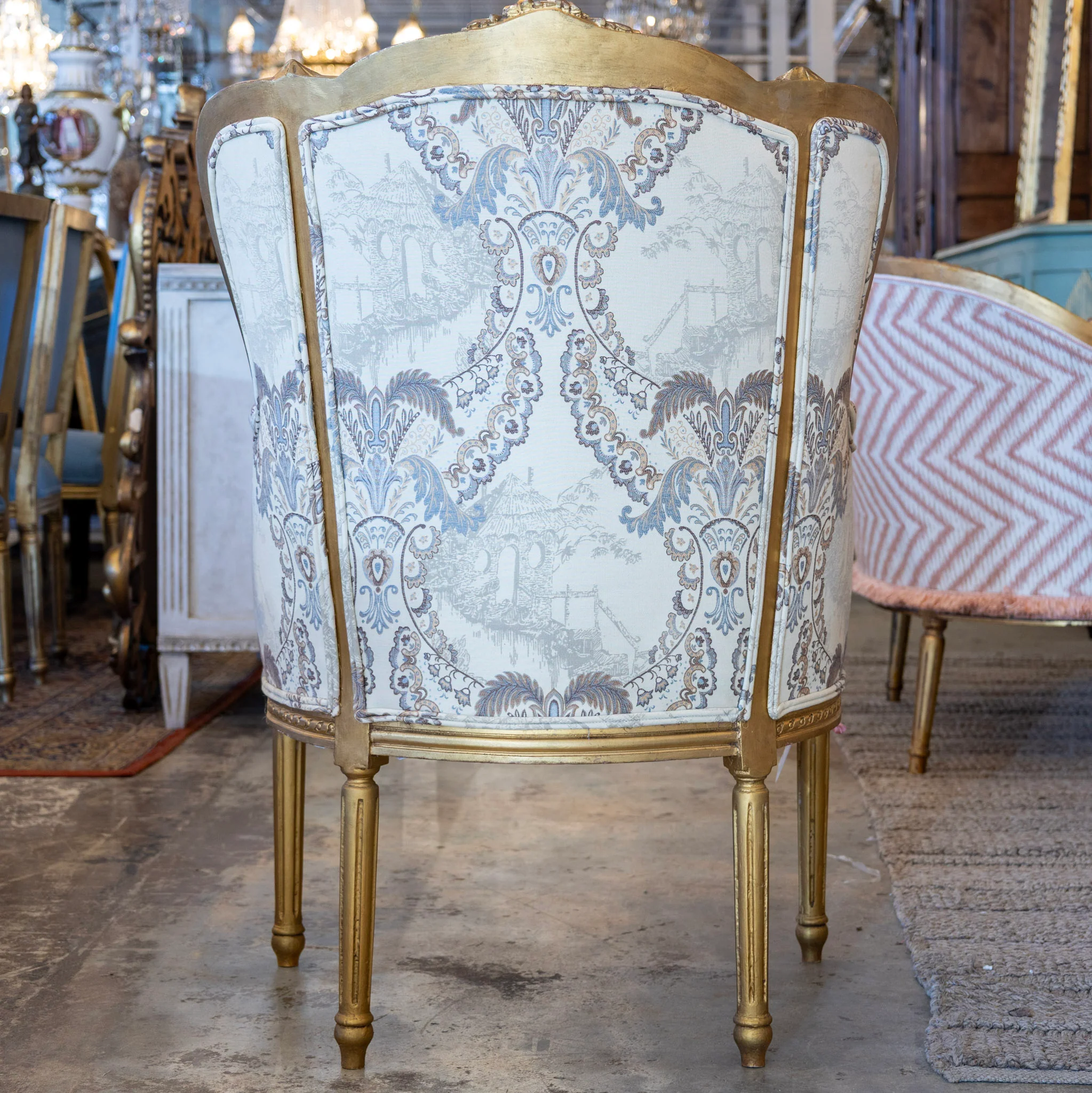 Pair of Louis XVI Bergère Chairs – Gilded Frame & Pastoral Toile Upholstery - Image 3