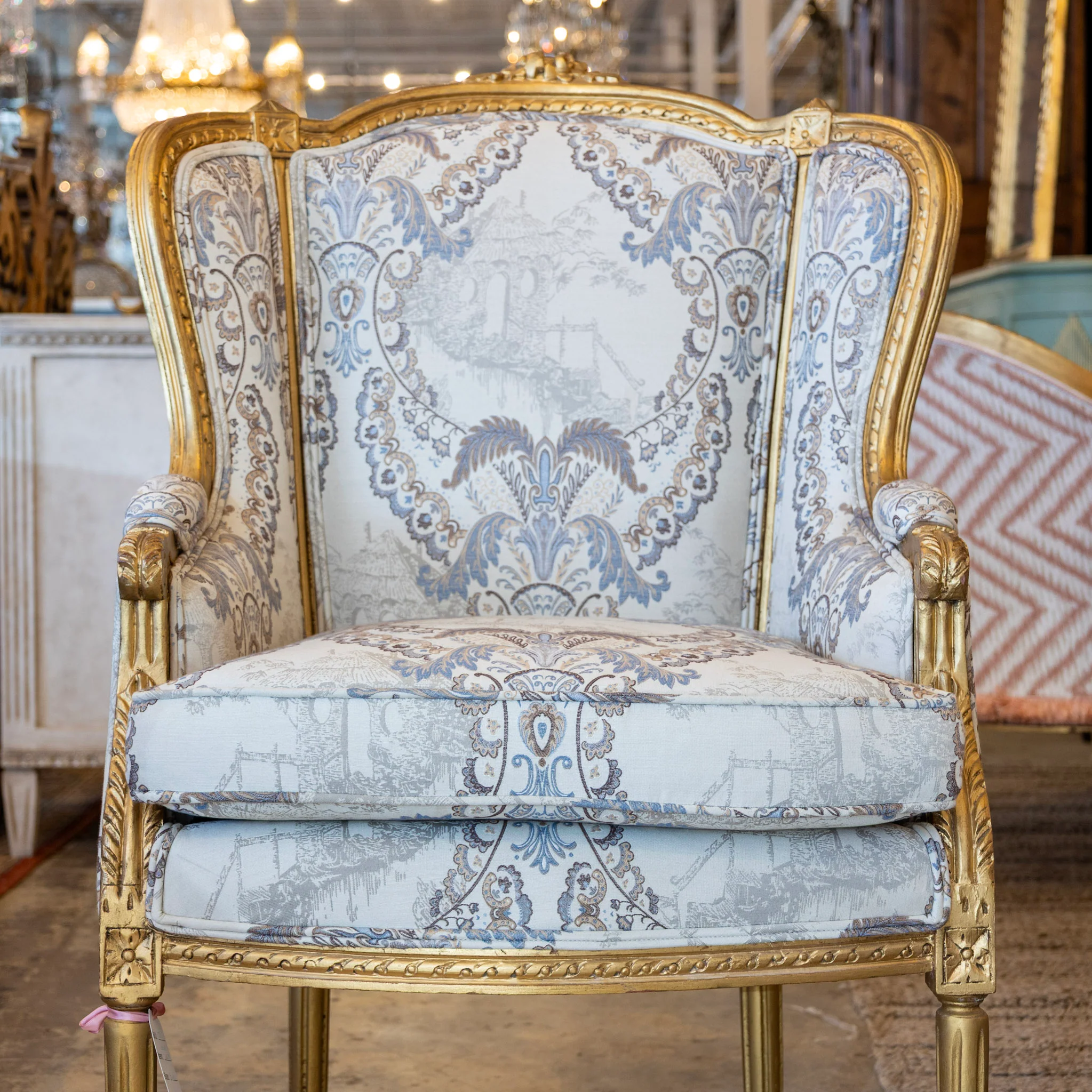 Pair of Louis XVI Bergère Chairs – Gilded Frame & Pastoral Toile Upholstery - Image 4