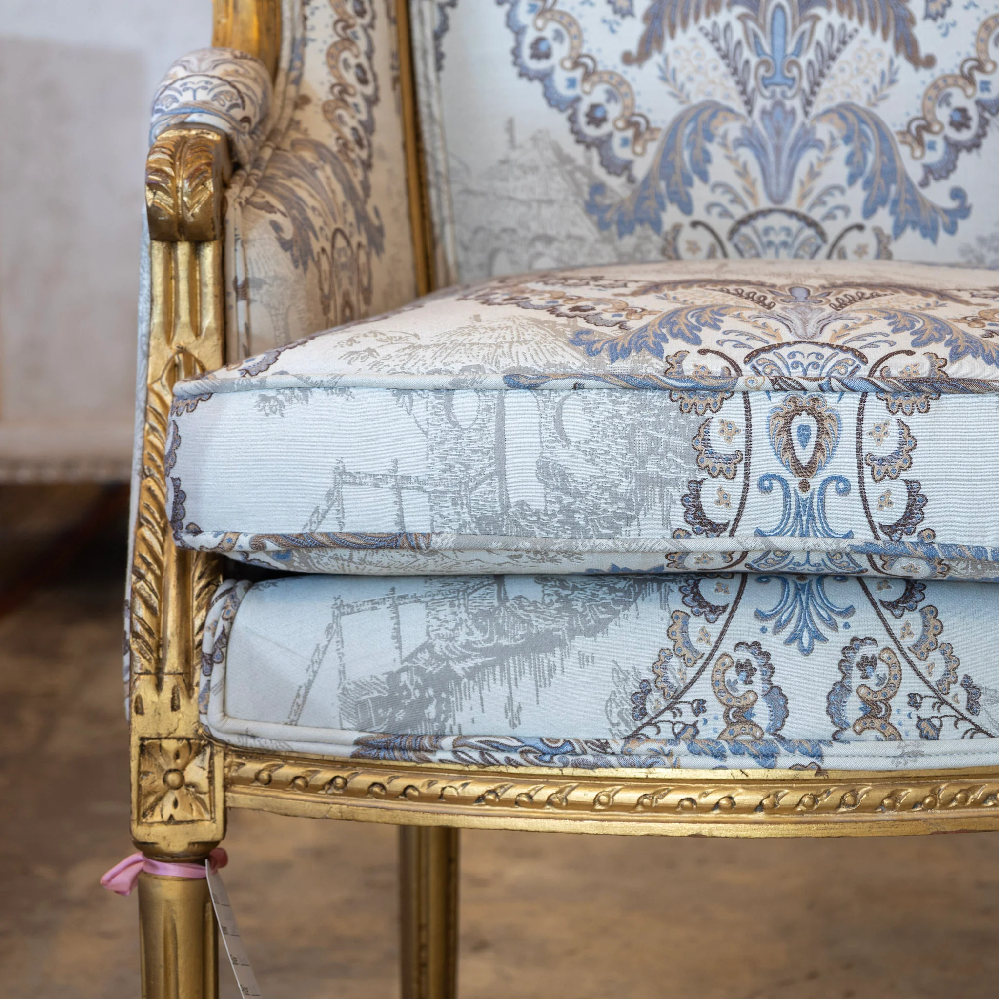 Pair of Louis XVI Bergère Chairs – Gilded Frame & Pastoral Toile Upholstery - Image 5
