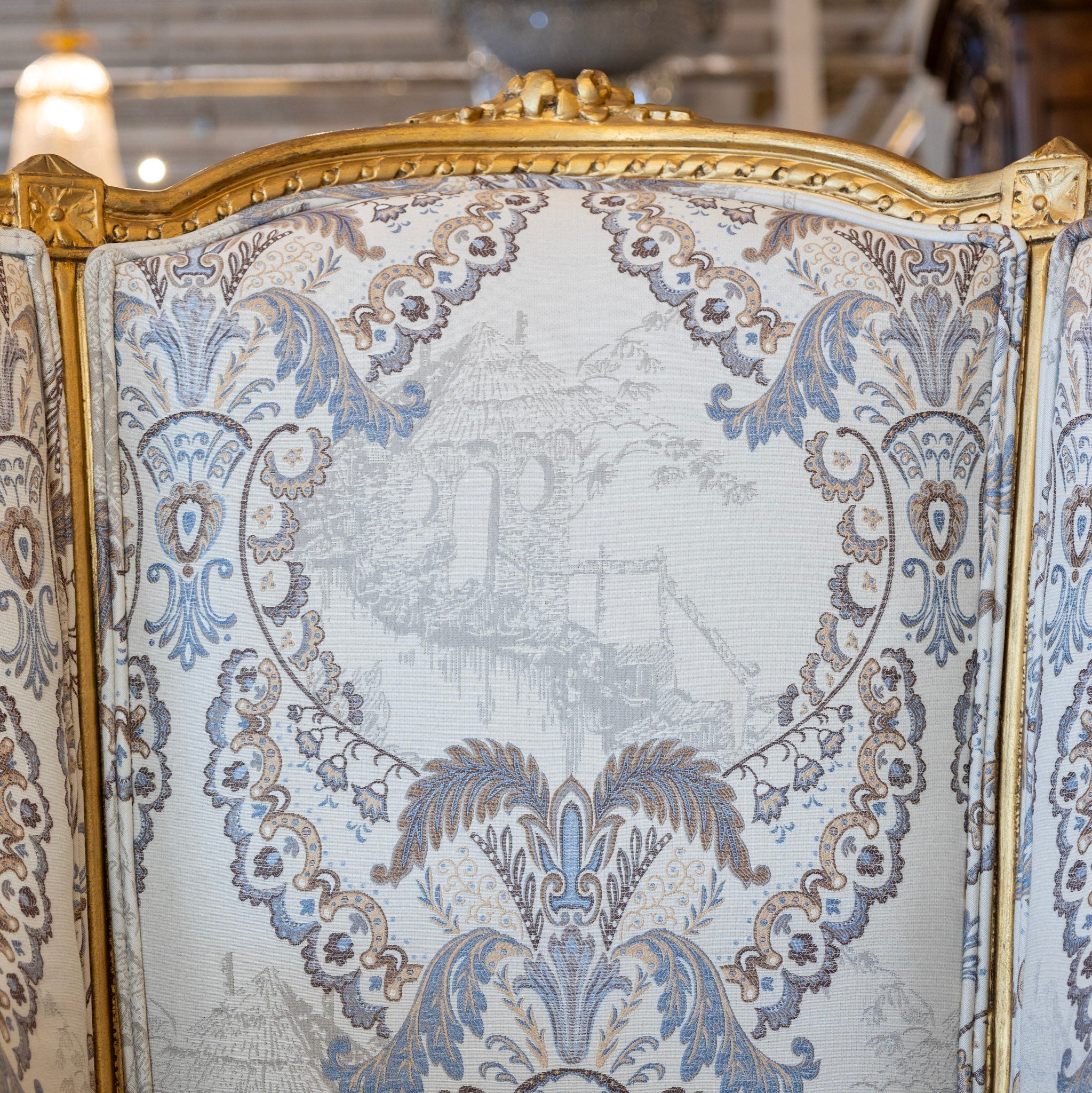 Pair of Louis XVI Bergère Chairs – Gilded Frame & Pastoral Toile Upholstery - Image 6