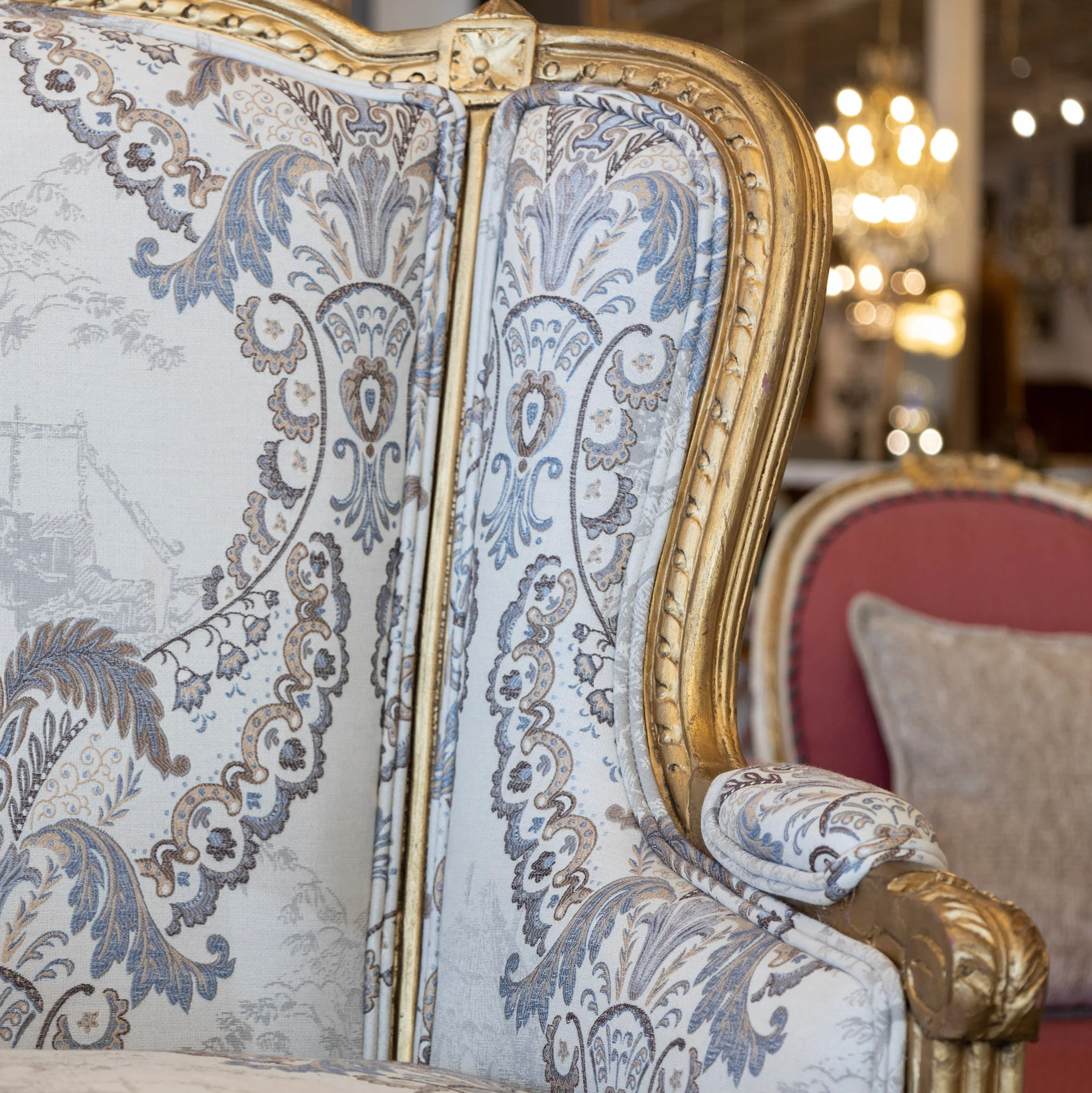 Pair of Louis XVI Bergère Chairs – Gilded Frame & Pastoral Toile Upholstery - Image 7
