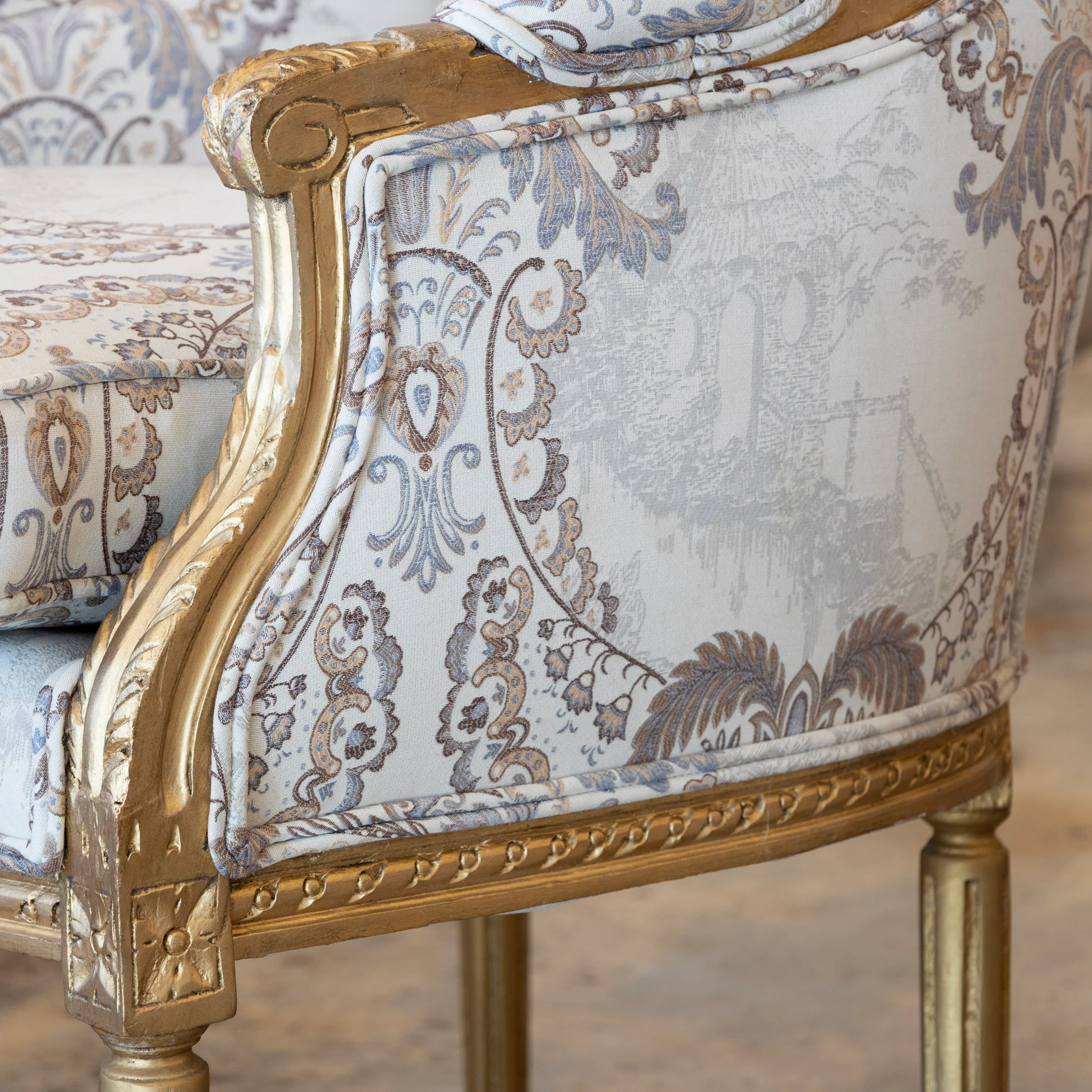 Pair of Louis XVI Bergère Chairs – Gilded Frame & Pastoral Toile Upholstery - Image 8