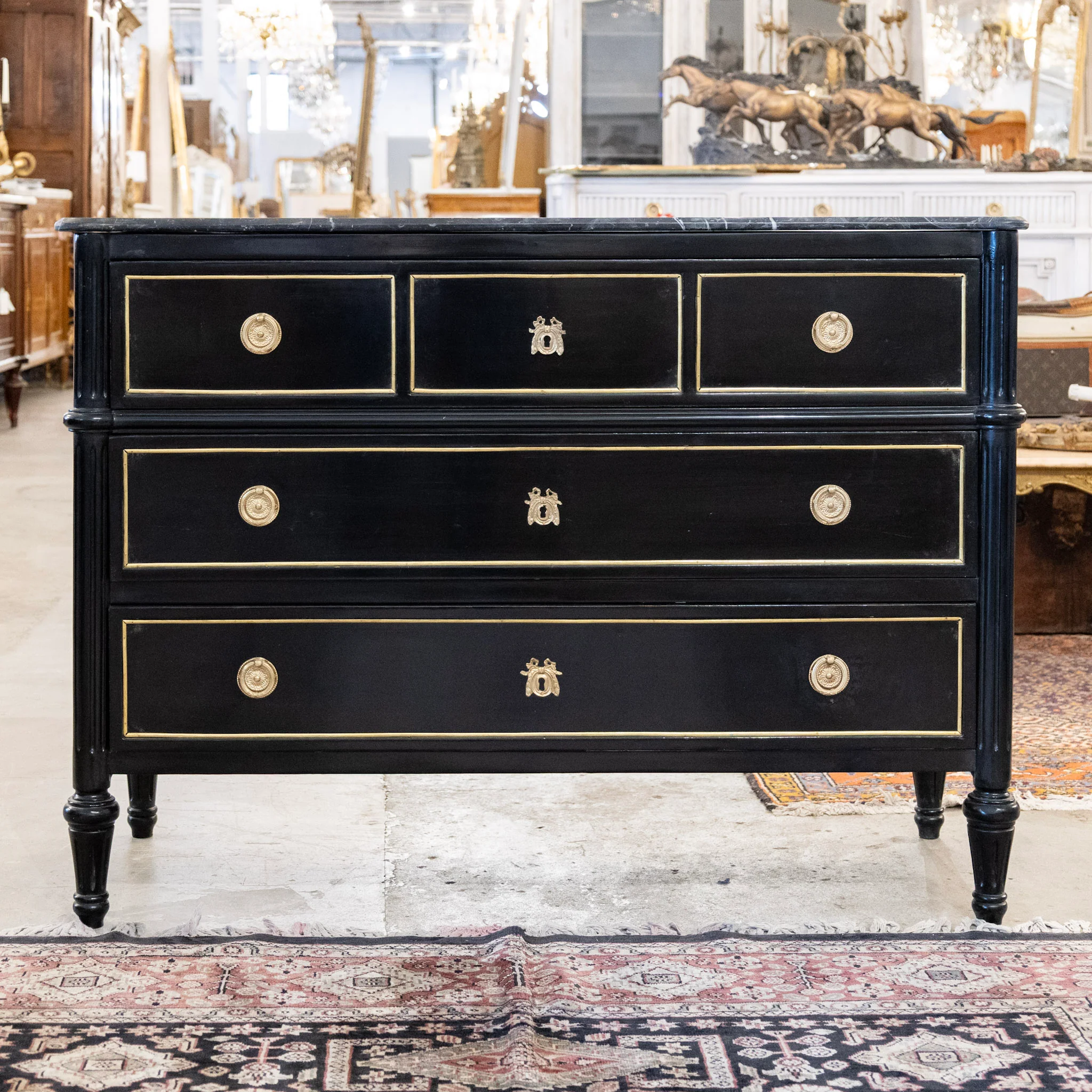 Louis XVI Burl Wood Black Lacquer Chest – Gold Inlay & Brass Pulls with Black Marble Top