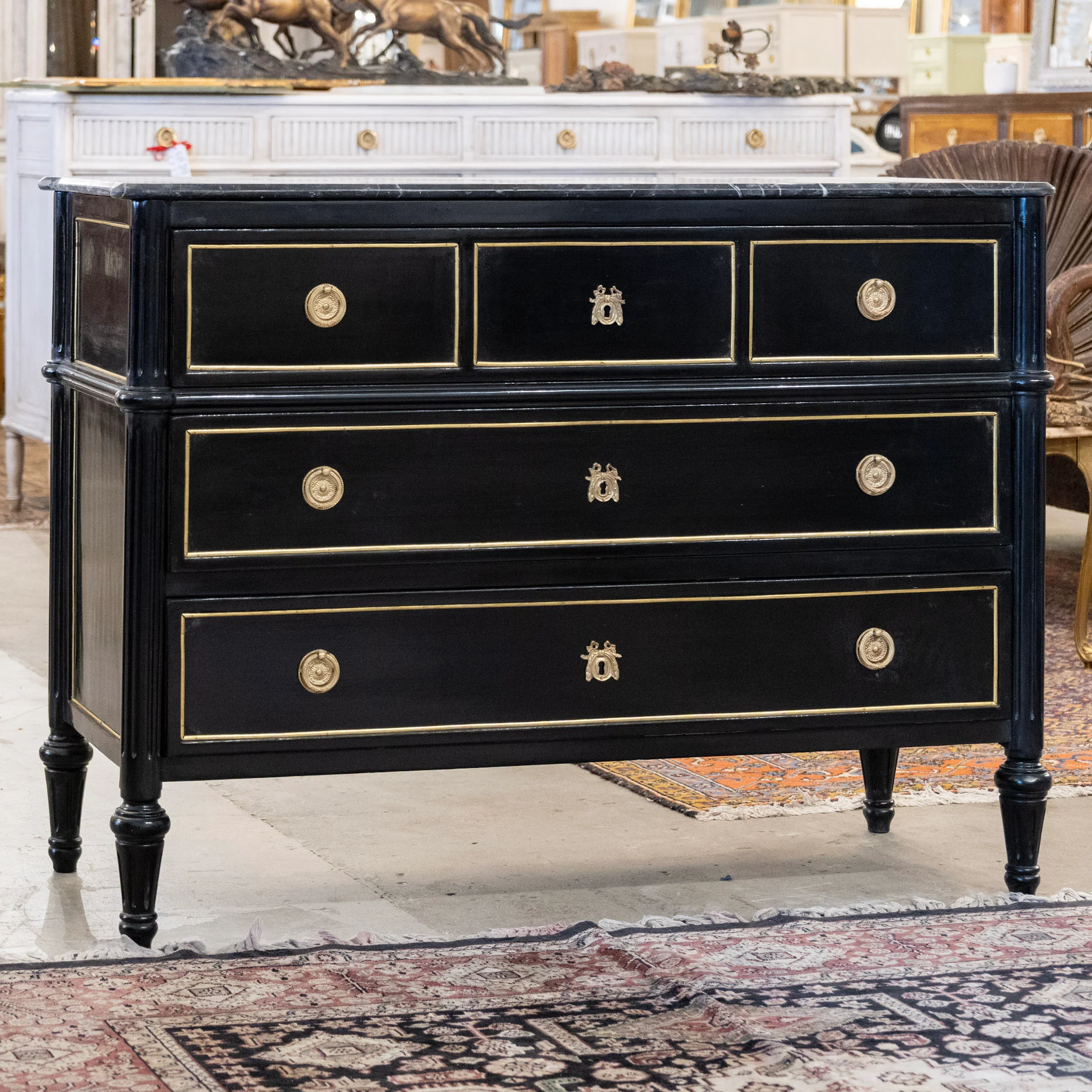 Louis XVI Burl Wood Black Lacquer Chest – Gold Inlay & Brass Pulls with Black Marble Top - Image 2