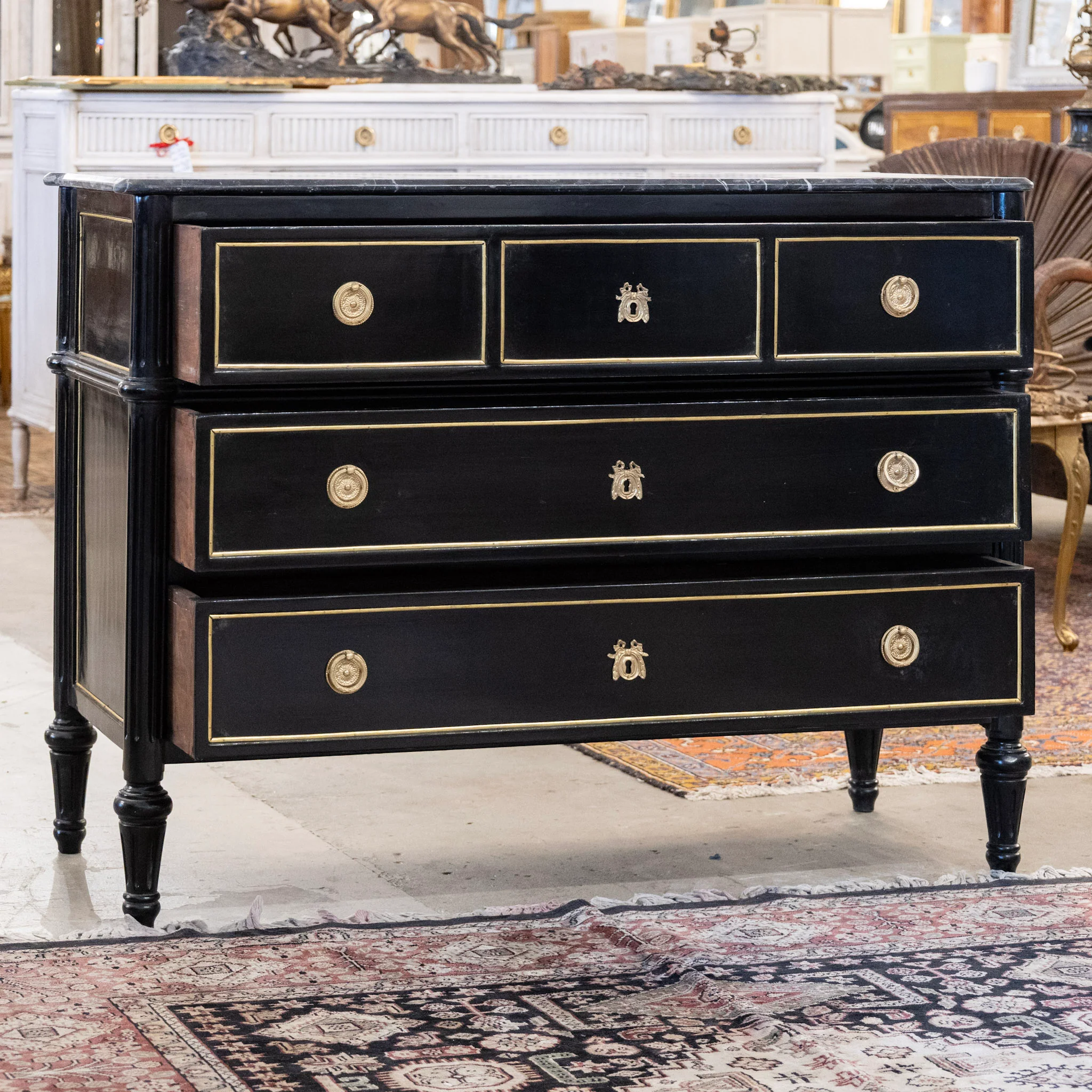 Louis XVI Burl Wood Black Lacquer Chest – Gold Inlay & Brass Pulls with Black Marble Top - Image 3